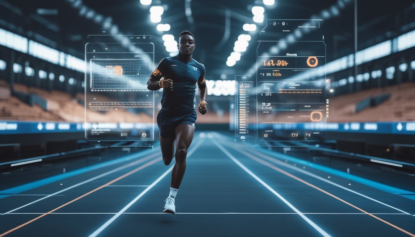 Seorang atlet pria berlari di lintasan olahraga dengan sensor biometrik canggih terpasang, dikelilingi oleh tampilan data digital real-time di stadion modern.