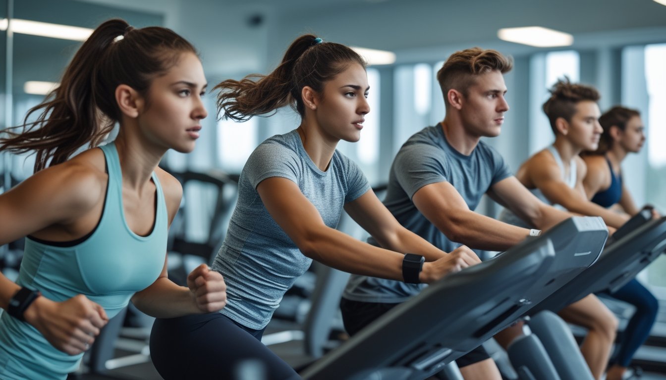 Sekelompok orang muda sedang berolahraga intens di gym modern dengan peralatan kebugaran canggih.