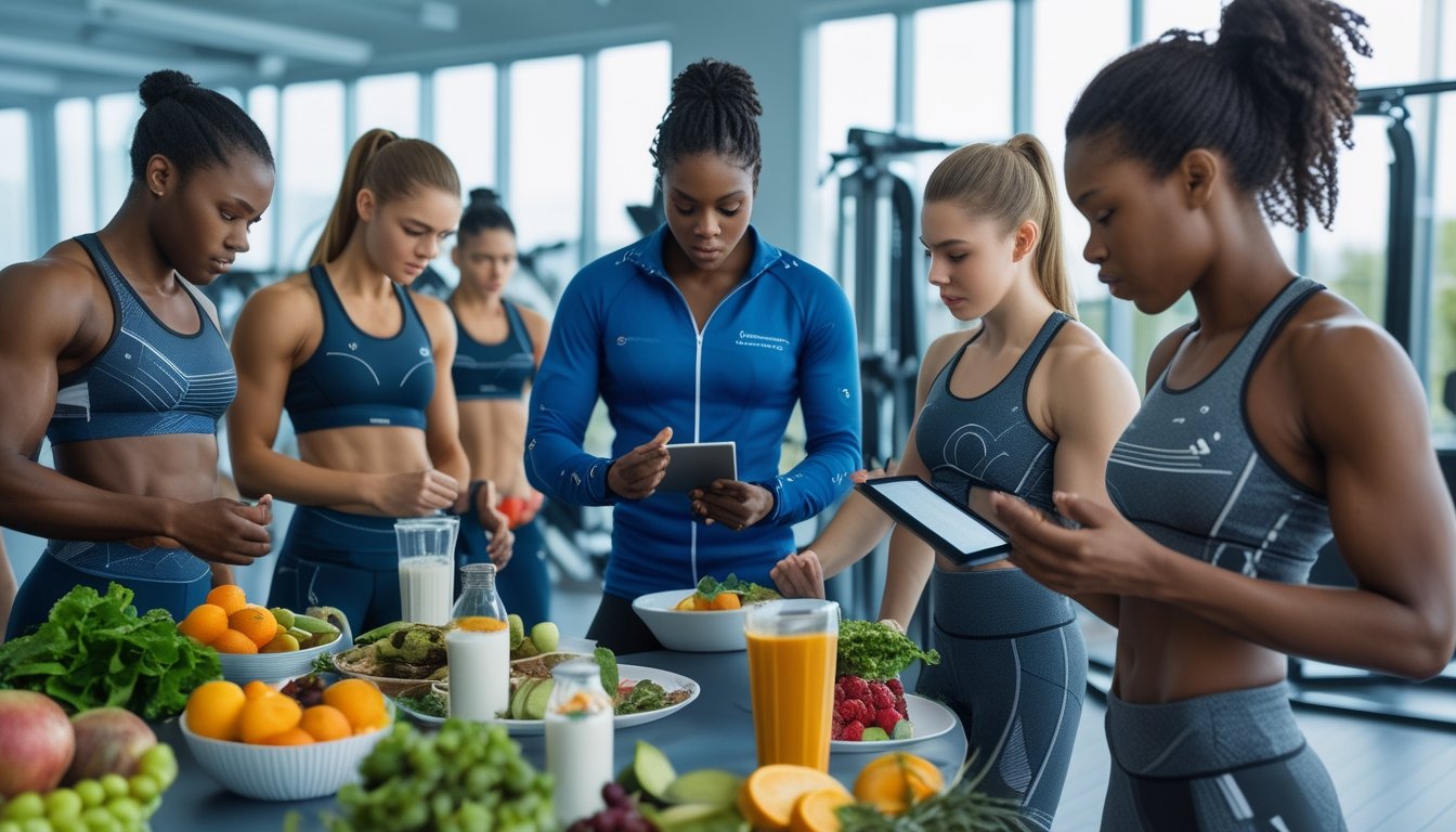 Sekelompok atlet sedang berkonsultasi dengan ahli gizi di gym modern, dikelilingi oleh makanan sehat dan peralatan kebugaran.