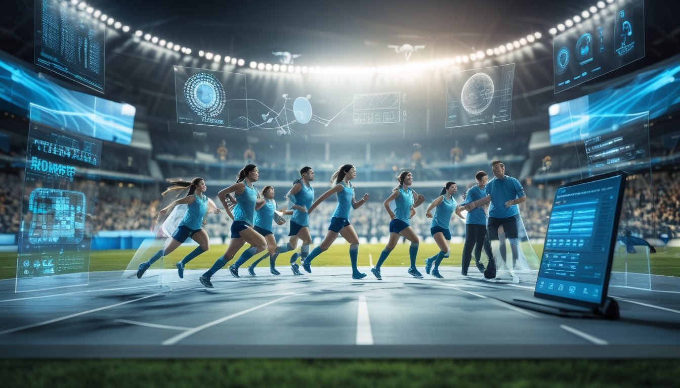 Atlet dan pelatih di stadion olahraga modern dengan layar holografik menampilkan data dan statistik waktu nyata.