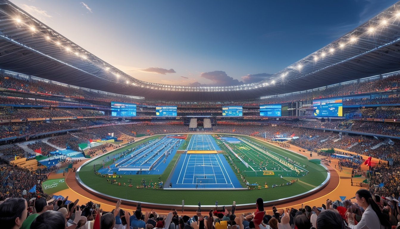 Suasana stadion besar dengan atlet dari berbagai negara berlomba dan penonton yang antusias menyaksikan kejuaraan olahraga internasional.