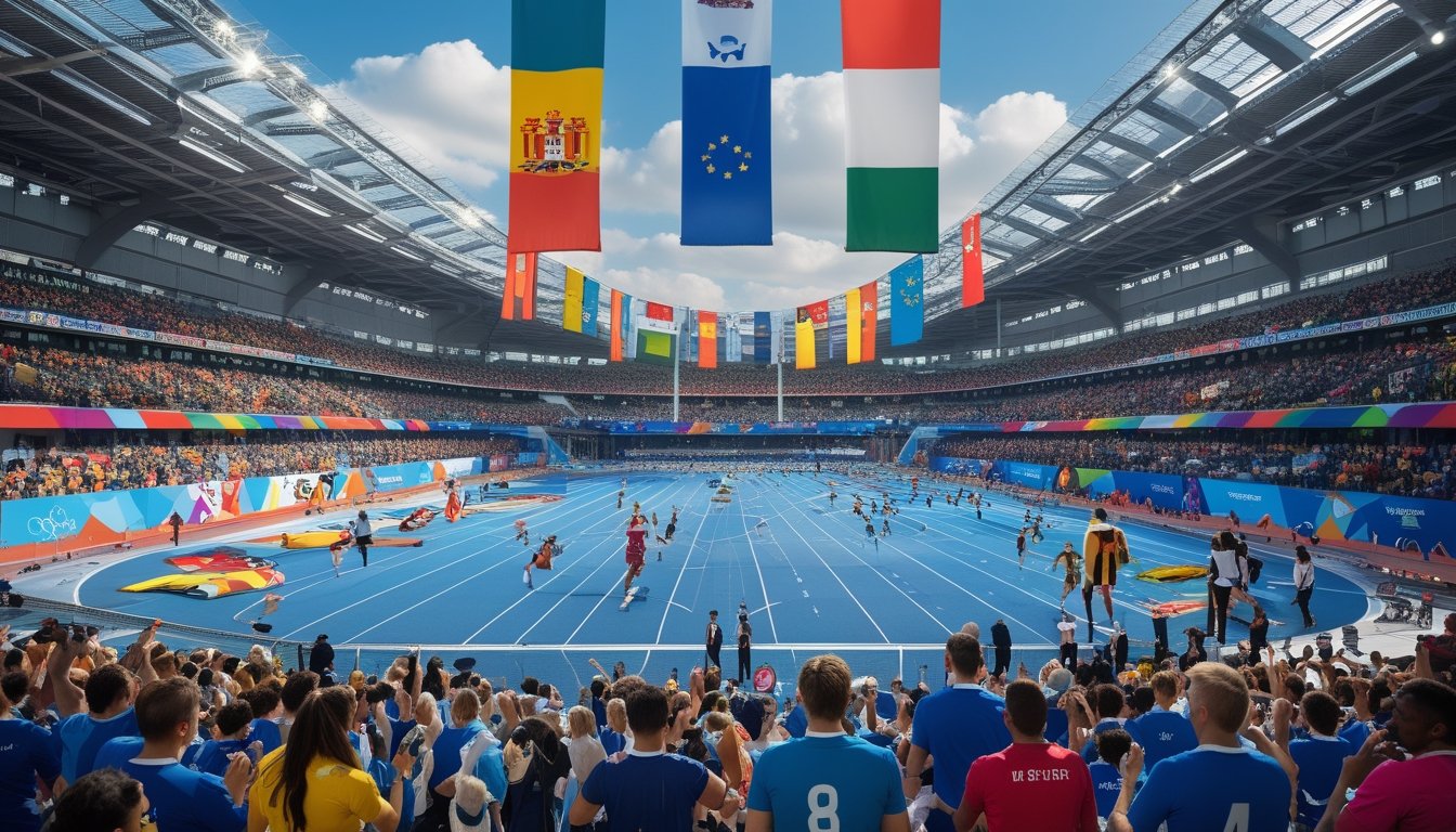 Kerumunan penonton di stadion besar menyaksikan berbagai atlet internasional berkompetisi dalam acara olahraga global.