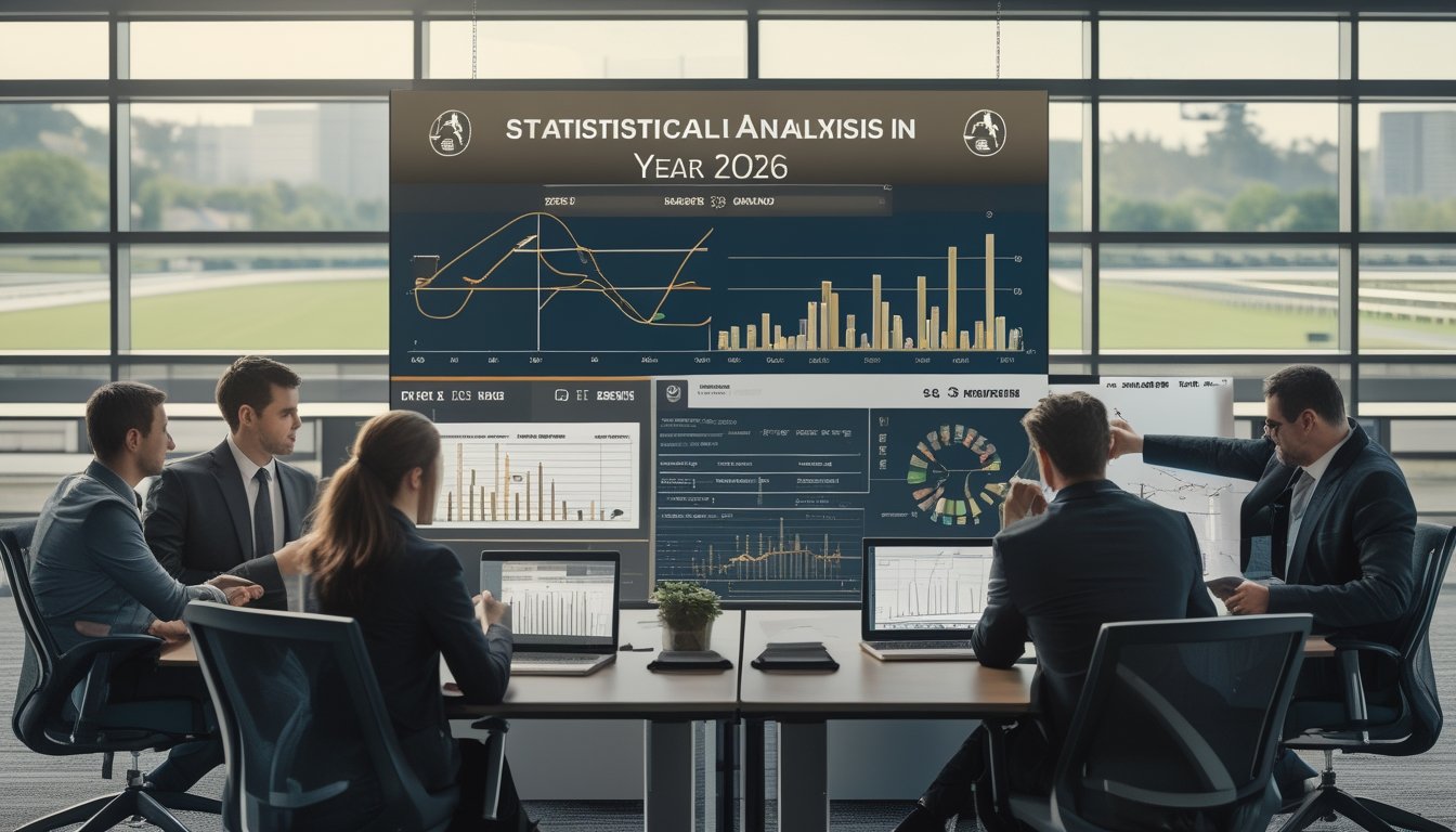 Sekelompok profesional sedang menganalisis data statistik balap kuda di ruang kantor dengan layar yang menampilkan grafik dan visual terkait balap kuda.