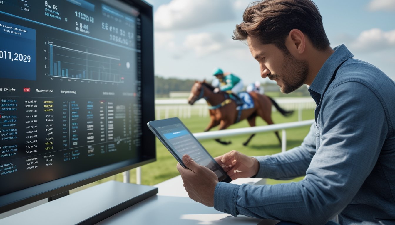 Seorang pria sedang menganalisis data balap kuda di tablet dengan latar belakang kuda dan joki yang sedang berlomba di lintasan balap.