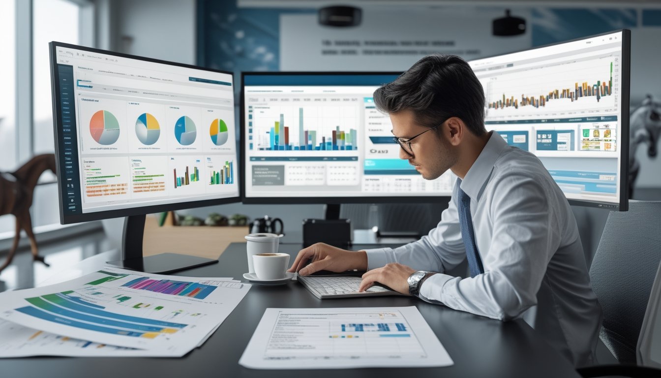 Seorang profesional sedang menganalisis data balap kuda tahun 2026 di depan komputer dengan grafik dan laporan statistik di meja kerja.