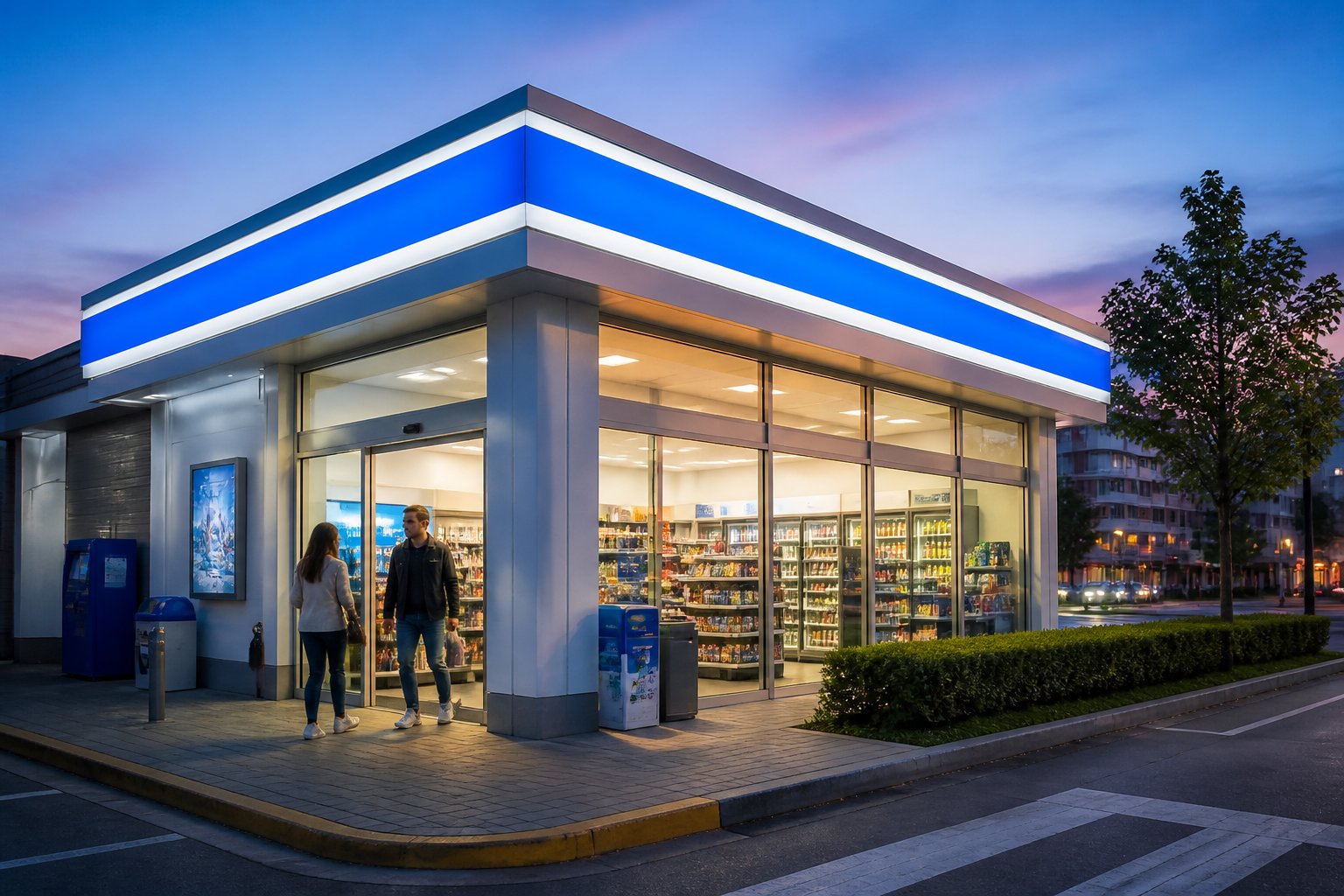 Exterior of a modern convenience store with customers entering and leaving at dusk.
