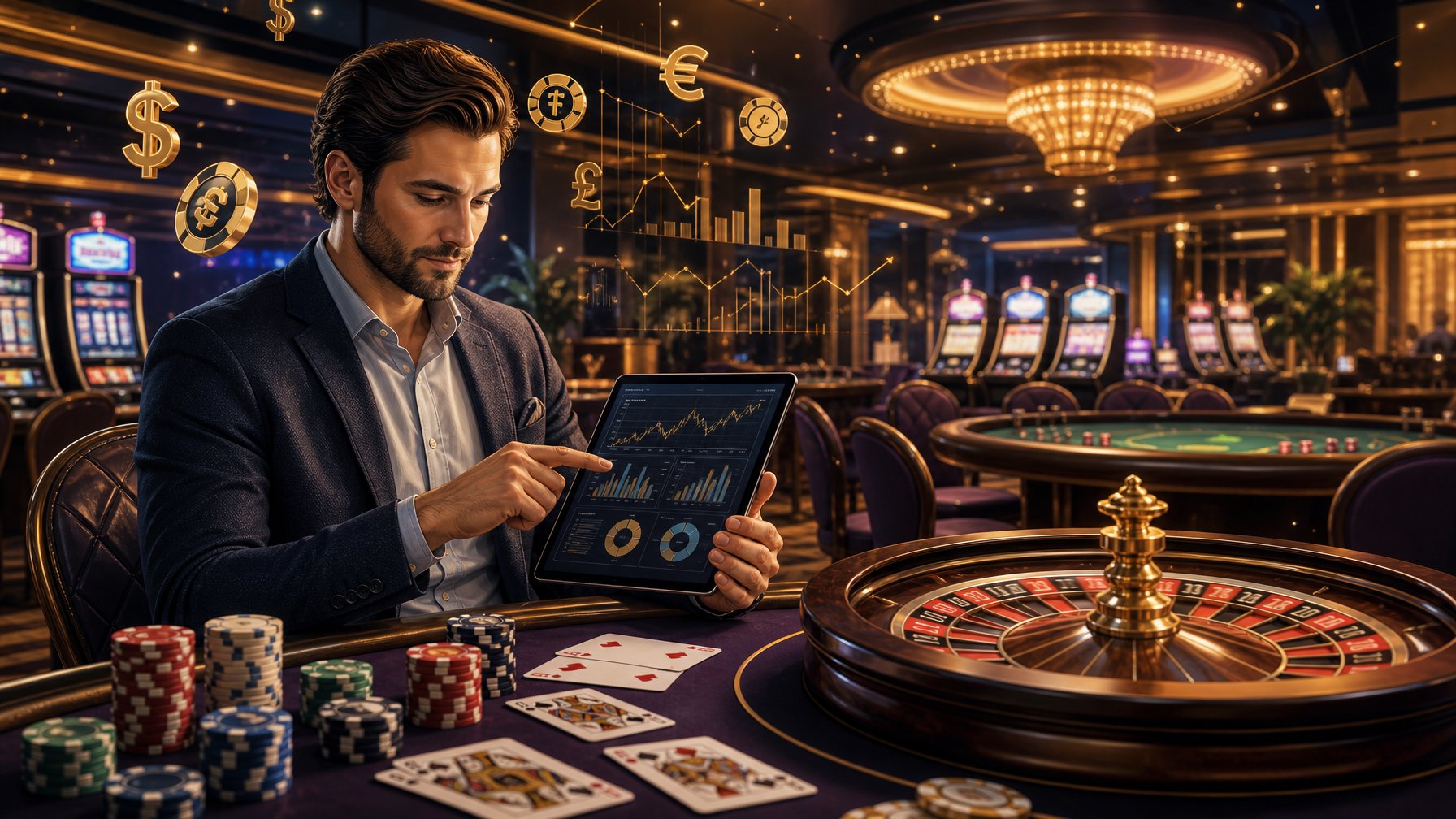 A Person Reviewing Casino Data On A Tablet In A Modern Casino With Gaming Tables, Slot Machines, And A Roulette Wheel.