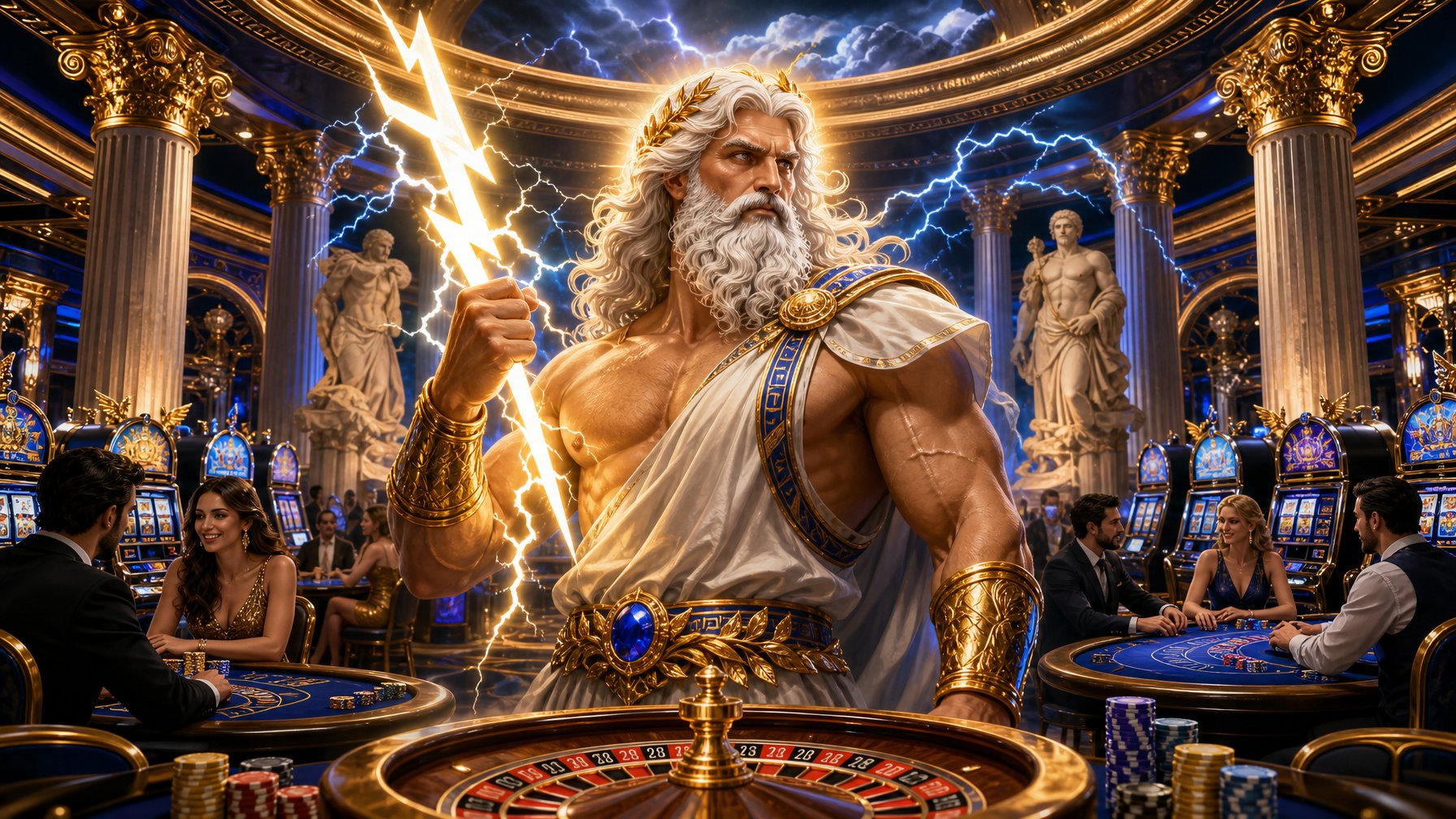 A Powerful Zeus Figure Holding A Lightning Bolt Stands In A Luxurious Casino Filled With Slot Machines And Gaming Tables, Surrounded By Greek Columns And Glowing Lightning Effects.