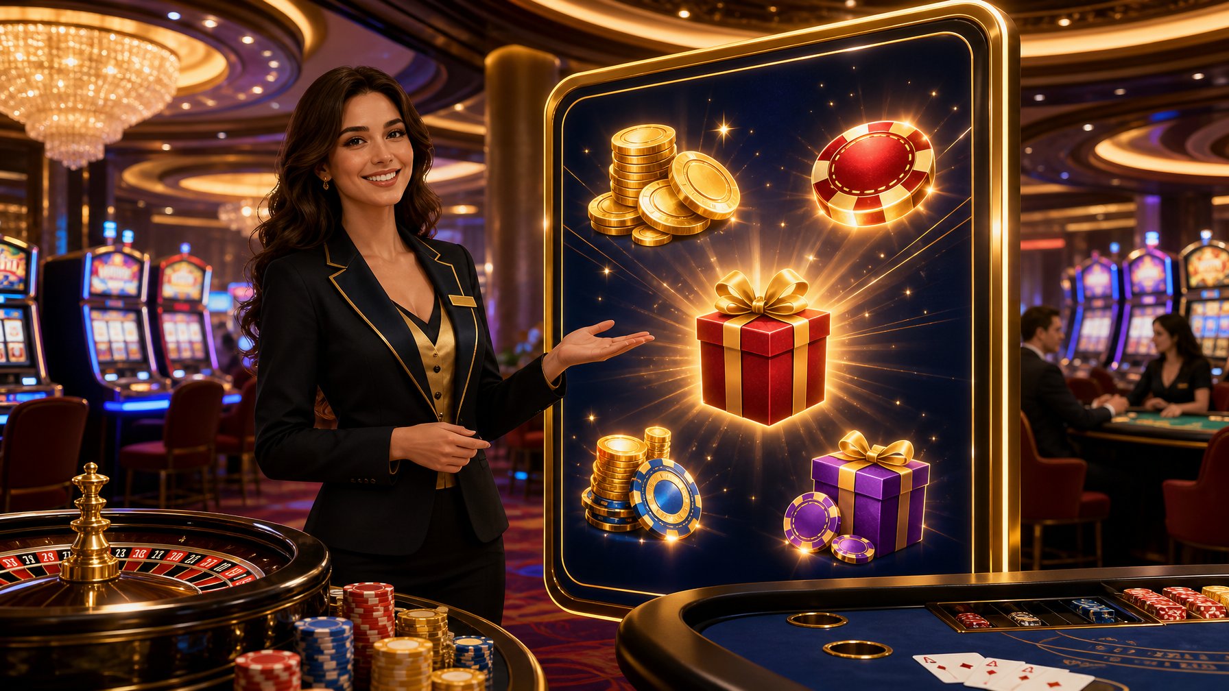 A Casino Host Presenting A Glowing Digital Display Of Promotional Icons Inside A Modern Casino With Slot Machines And Card Tables In The Background.