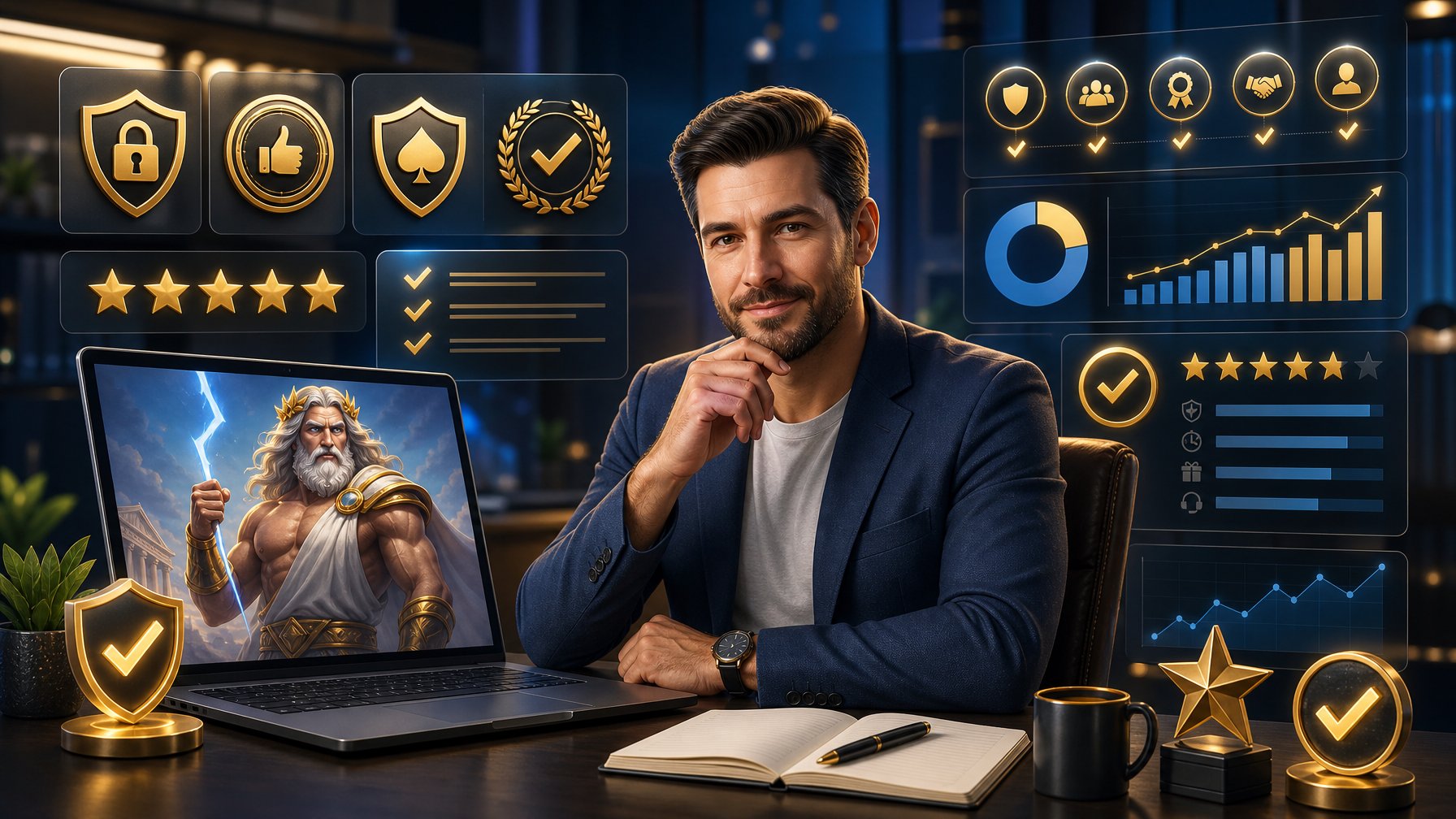 A Person Reviewing An Online Casino With Symbols Of Trust Like Badges And Star Ratings Around Them, And A Zeus Figure Holding A Lightning Bolt In The Background.