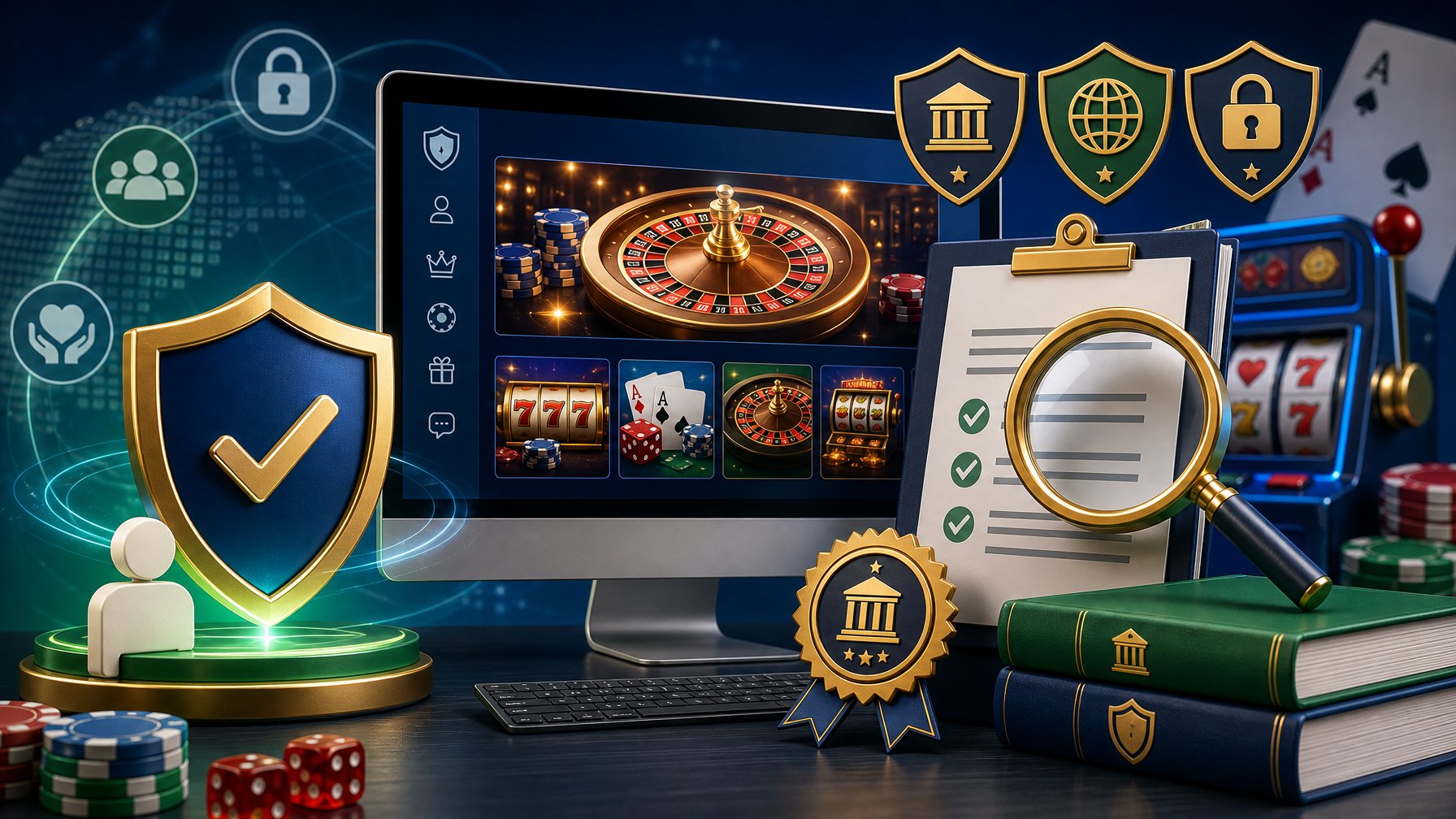 A Computer Screen Showing A Secure Online Casino Platform Surrounded By Symbols Of Protection, Oversight, And Licensing Such As A Shield, Magnifying Glass, And Certificates.