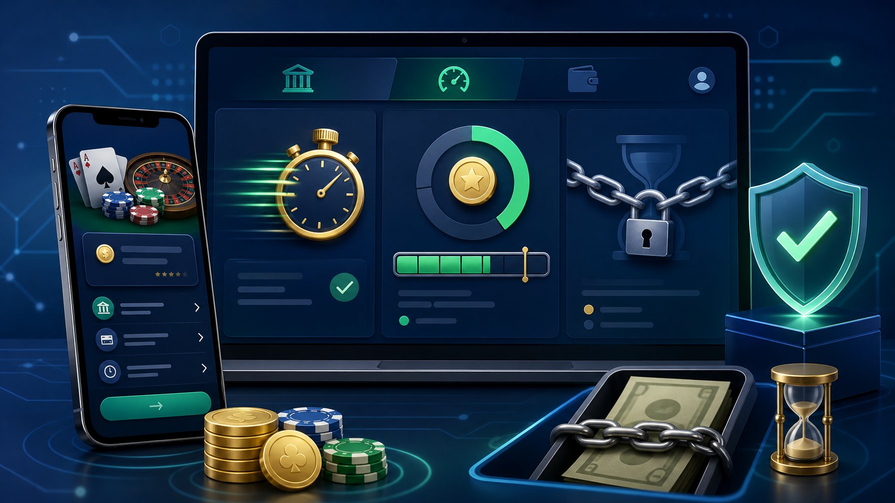 A Digital Interface Showing A Smartphone And Computer Screen With Icons Representing Banking Speed, Limits, And Cashout Delays In An Online Casino Setting.