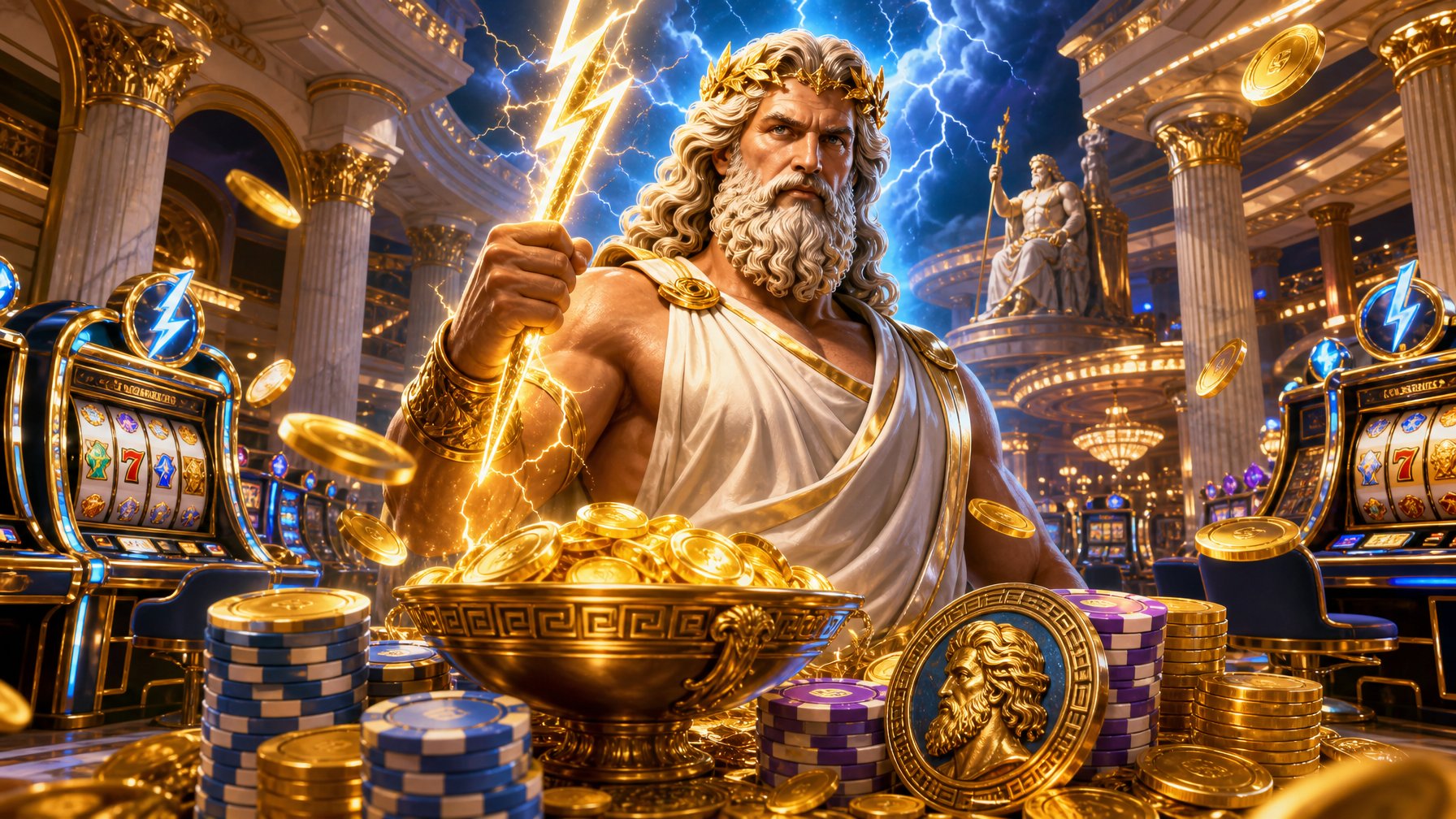 A Majestic Zeus Figure Holding A Lightning Bolt Surrounded By Casino Chips, Coins, And Slot Machines Inside A Grand Casino With Marble Columns.