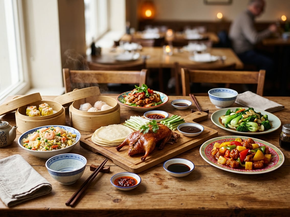 A table set with a variety of colourful Chinese dishes including Peking duck, dim sum, sweet and sour pork, stir-fried vegetables, and fried rice, with chopsticks and ceramic bowls.