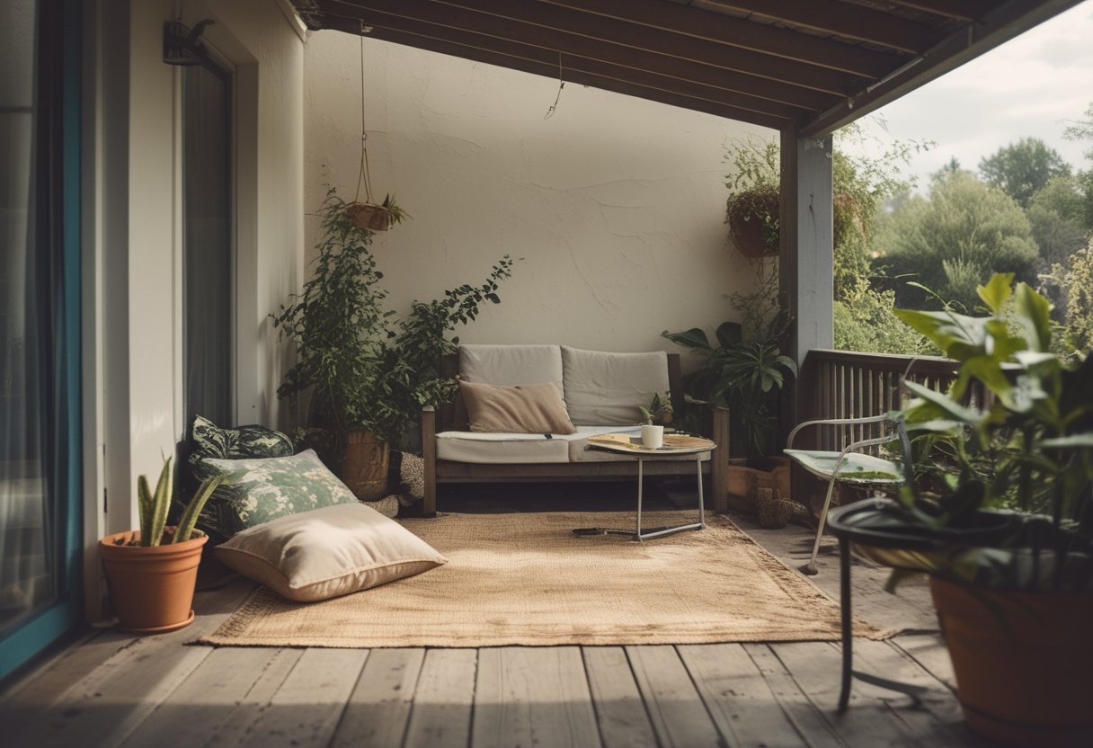 Cozy outdoor living area under a deck with wooden furniture, potted plants, and gardening tools, softly lit by daylight.