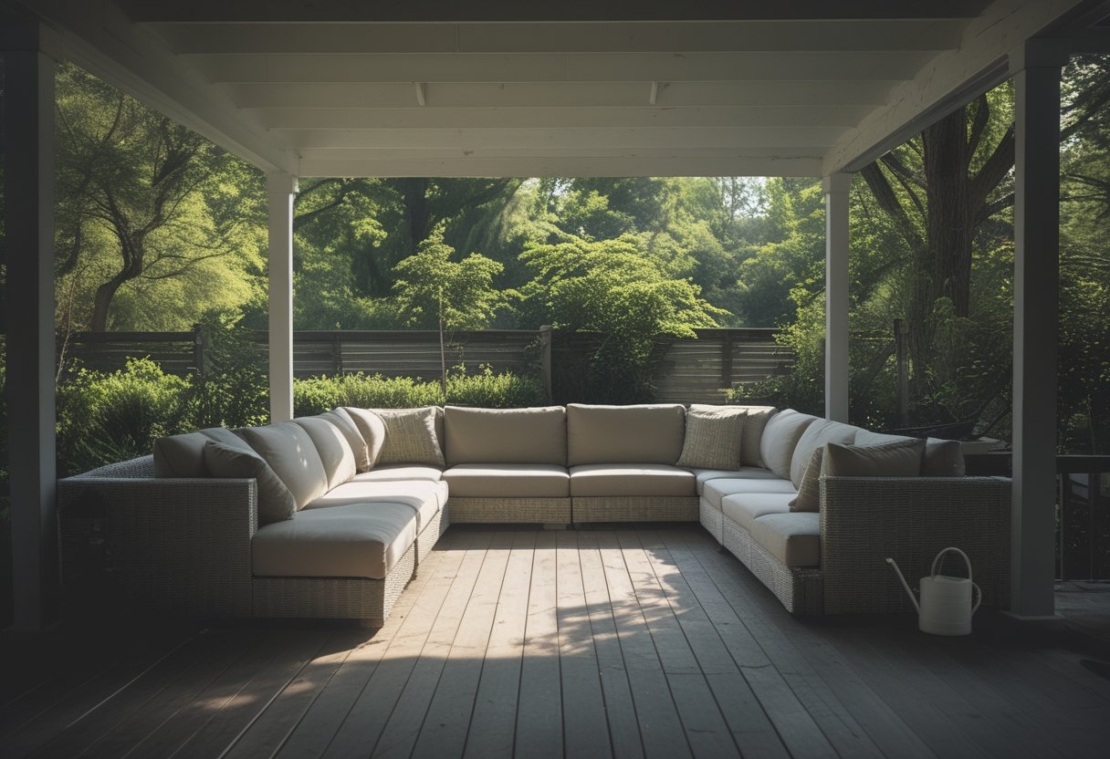 Covered outdoor sectional seating under a deck with weatherproof cushions, surrounded by wood decking and greenery, with hands adjusting a cushion and garden tools nearby.