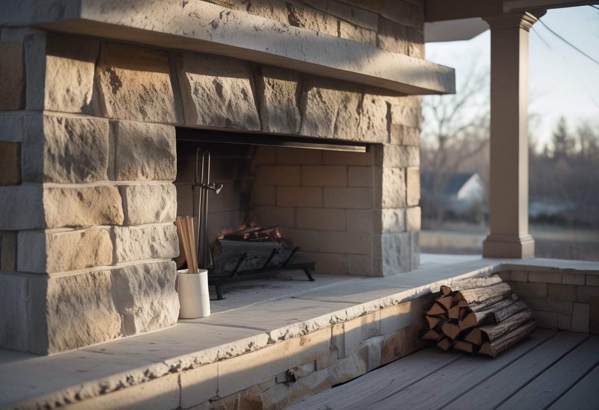 Built-in stone fireplace and hearth under a deck with outdoor tools and hands arranging firewood.