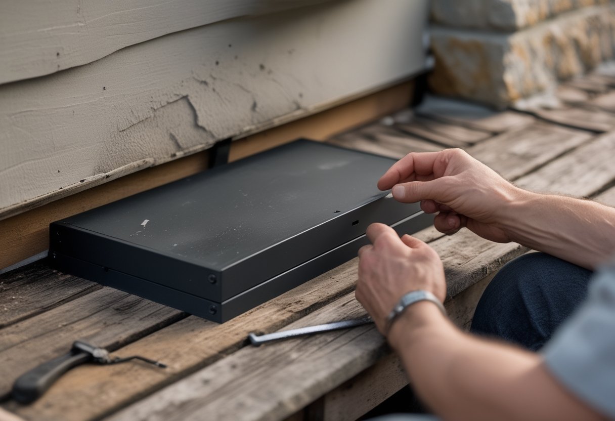 Outdoor media wall with a weatherproof TV enclosure under a deck, showing tools and hands adjusting the setup in a cozy outdoor living area.