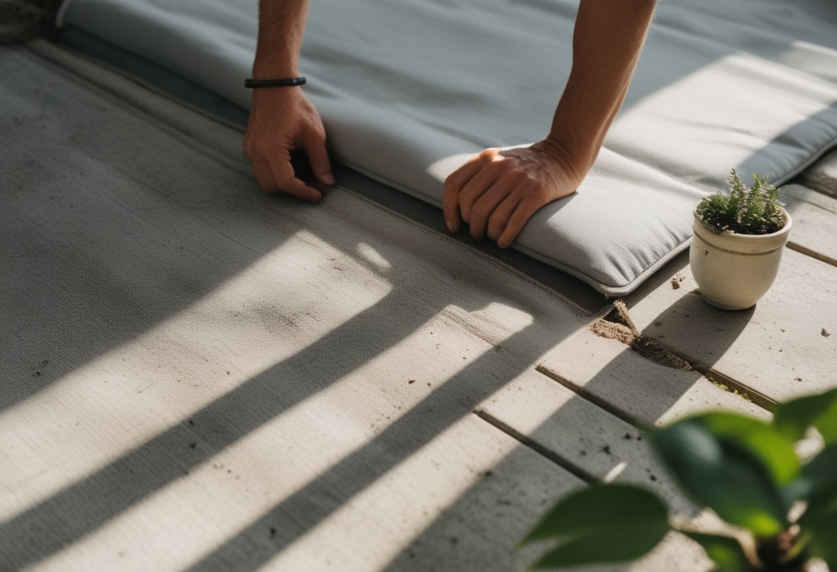 A concrete or paver patio floor with an outdoor rug, hands adjusting a cushion, a gardening tool, and a small potted plant under natural daylight.