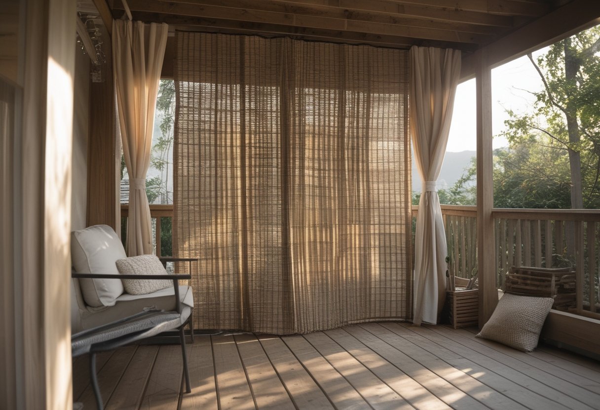 Under-deck outdoor living space with bamboo shades partially drawn, wooden decking, and a few gardening tools nearby.