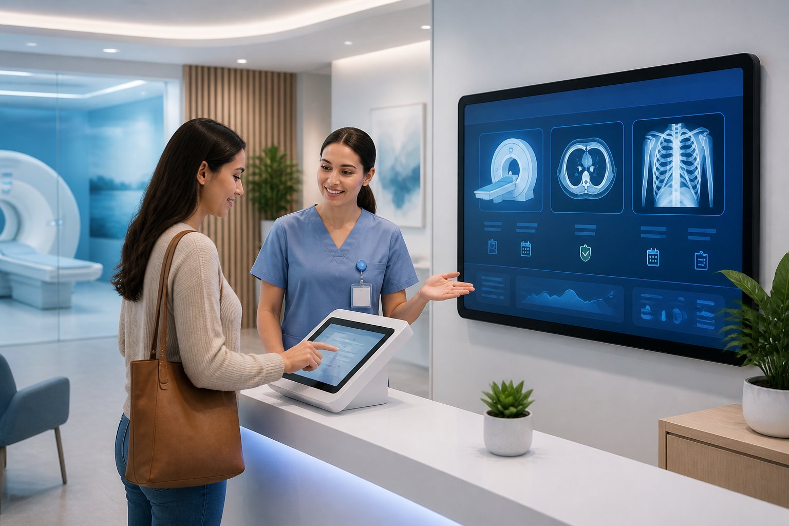 A medical staff member assisting a patient at a digital kiosk in a diagnostic imaging center reception area with medical imaging icons displayed on a large touchscreen.