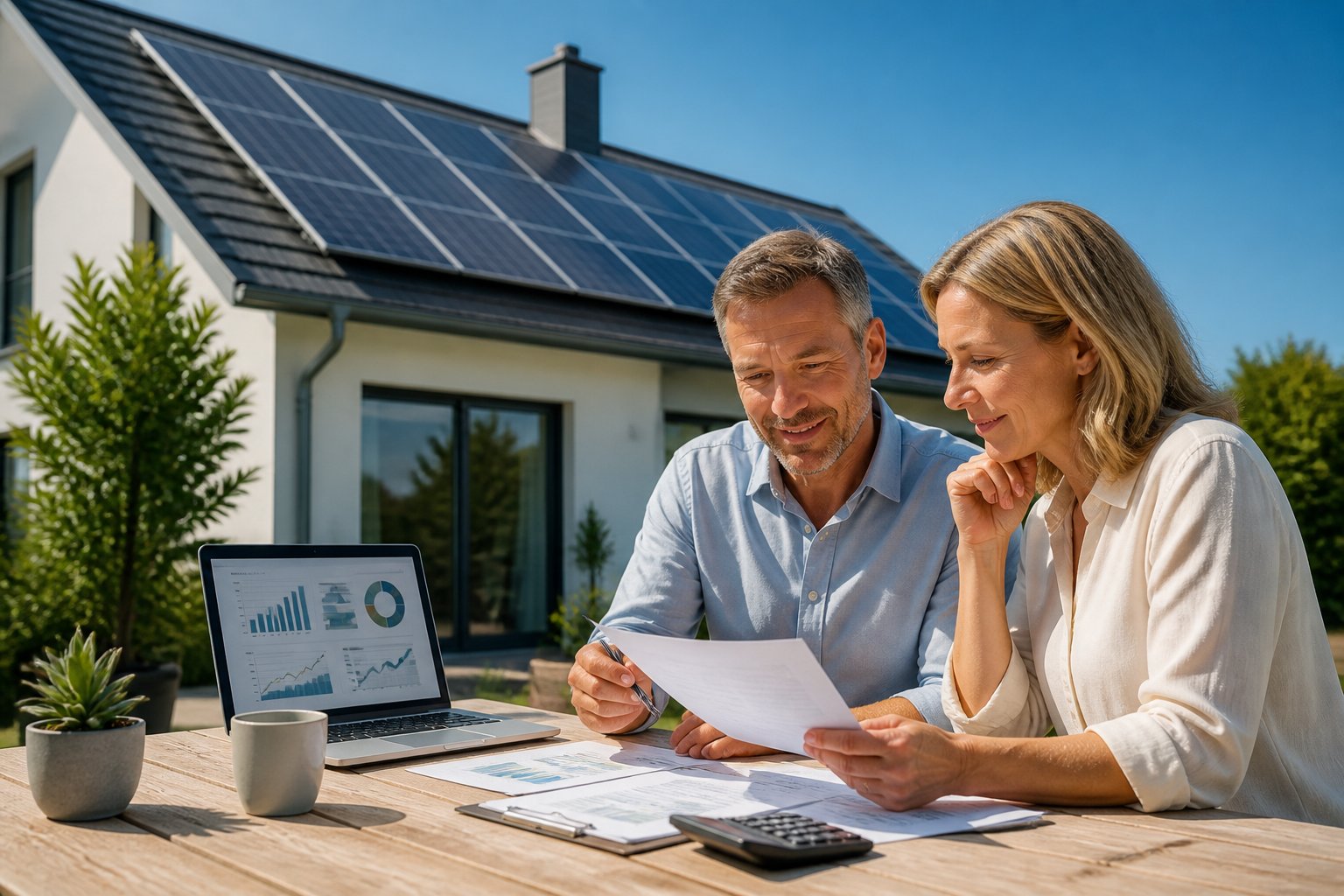 Ein Paar überprüft Finanzunterlagen vor einem Haus mit Solarpaneelen auf dem Dach an einem sonnigen Tag.