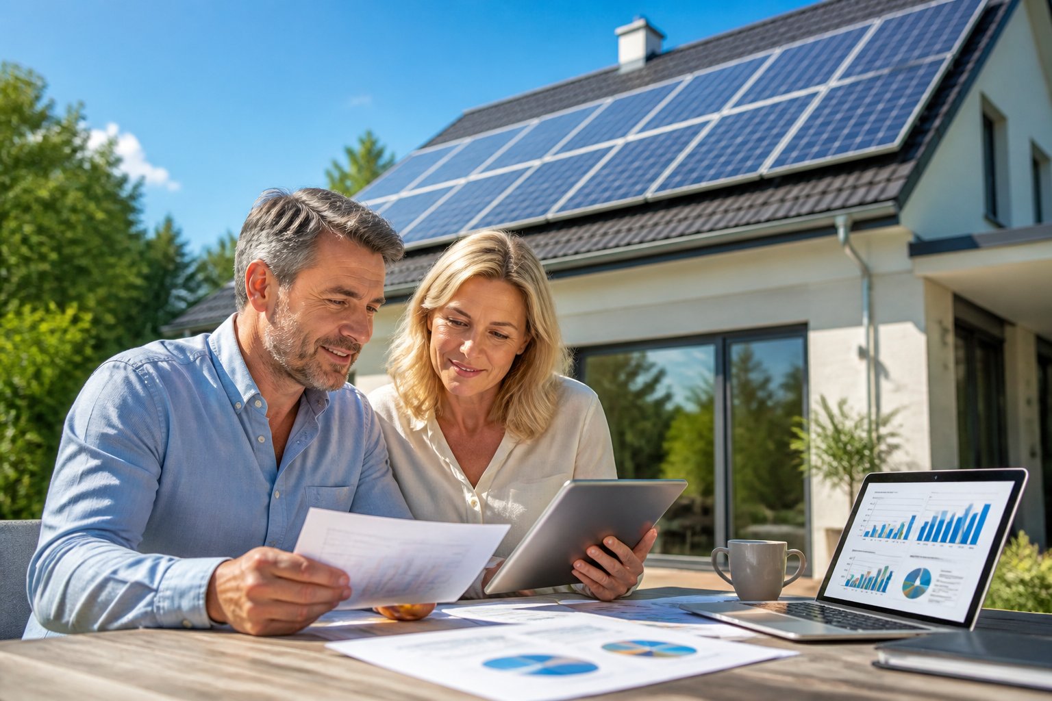 Ein Paar überprüft Finanzunterlagen vor einem Haus mit Solarpaneelen auf dem Dach an einem sonnigen Tag.
