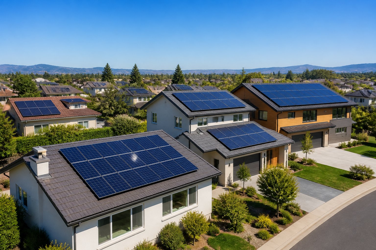 Verschiedene Wohnhäuser mit unterschiedlich großen Solaranlagen auf den Dächern in einer Vorstadtsiedlung.
