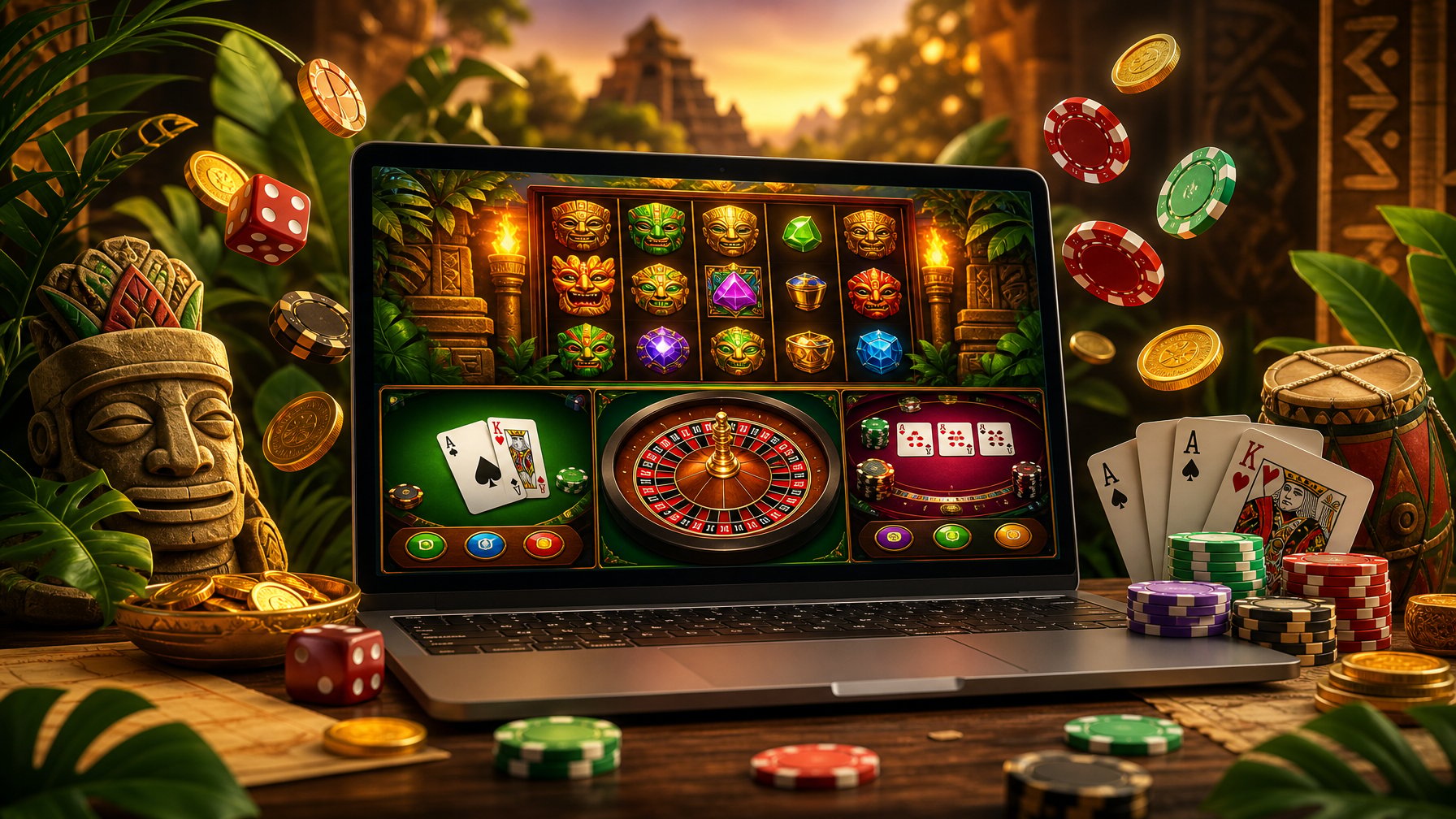 A Computer Displaying A Colorful Casino Game Interface Surrounded By Casino Chips, Playing Cards, Dice, And Gold Coins With A Warm, Inviting Background Featuring JungleInspired Patterns.