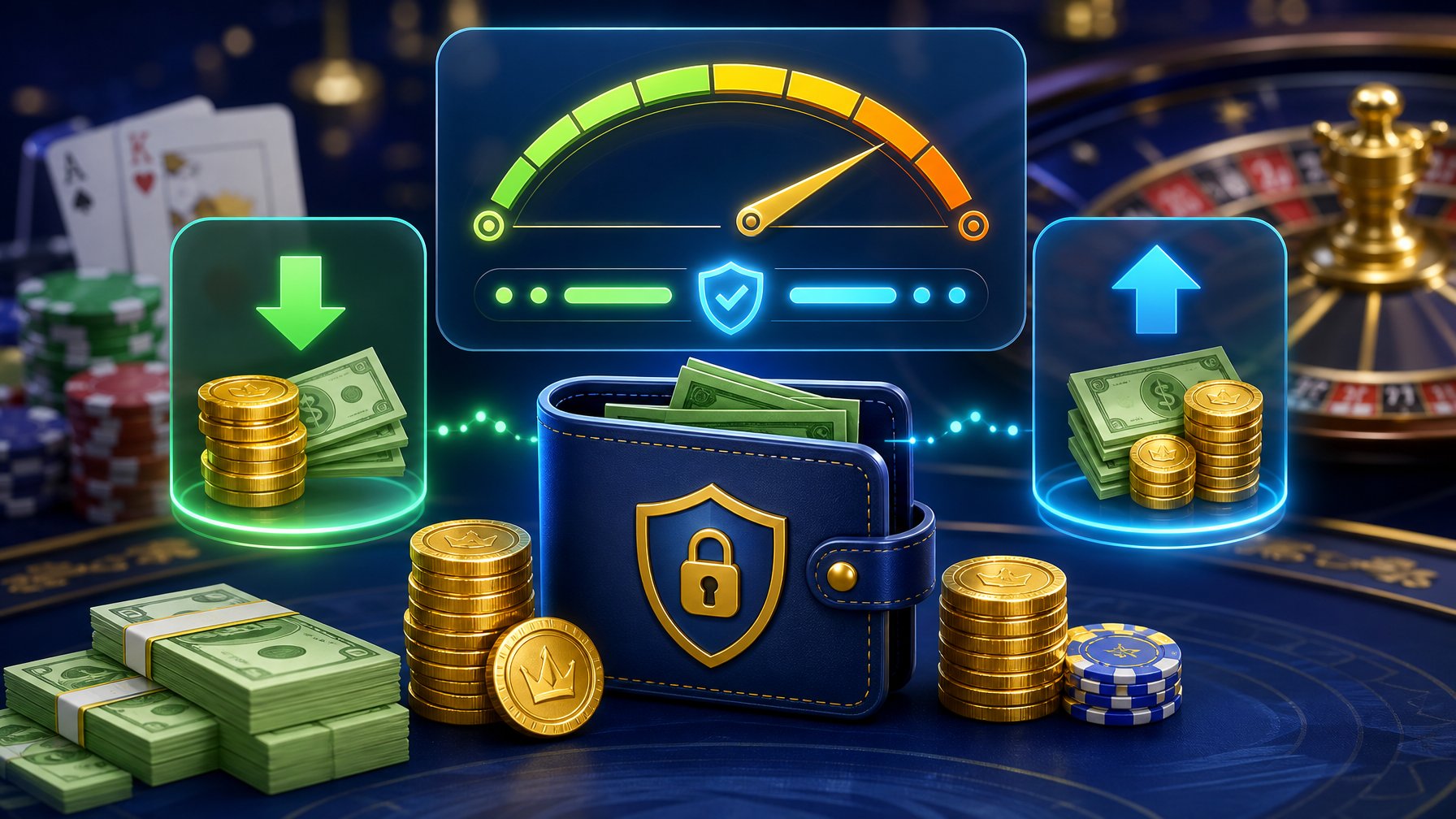 Illustration Showing Digital Money Transactions With Coins, Banknotes, A Wallet Icon, And A Progress Bar Indicating Transaction Limits, With Casino Elements Like Cards And Chips In The Background.