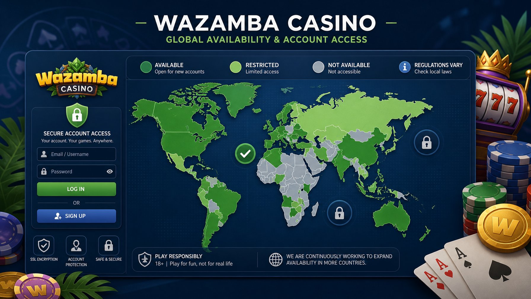 A Digital World Map Highlighting Countries With Icons Representing Secure User Account Access And CasinoThemed Elements Around The Edges.