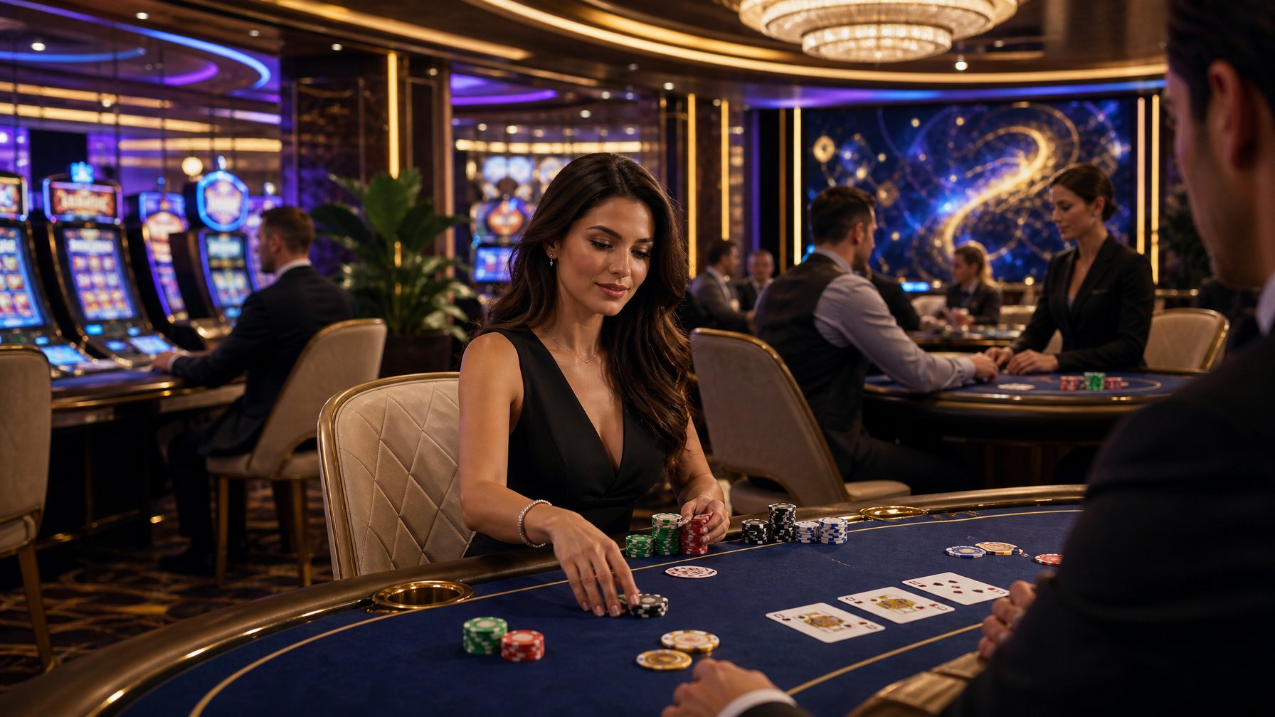 A Modern Casino Interior With A Player Enjoying Gaming Tables And Slot Machines Surrounded By Chips And Cards.