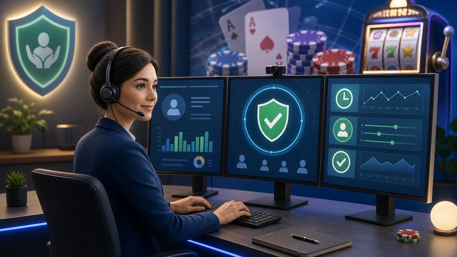 A Customer Support Representative At A Desk With Multiple Monitors Showing Responsible Gambling Icons And Casino Elements In The Background.