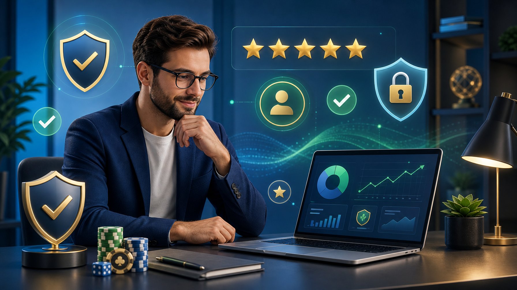 A Person Reviewing Data On A Laptop Surrounded By Symbols Representing Trust And Ratings In A Modern Office Setting.