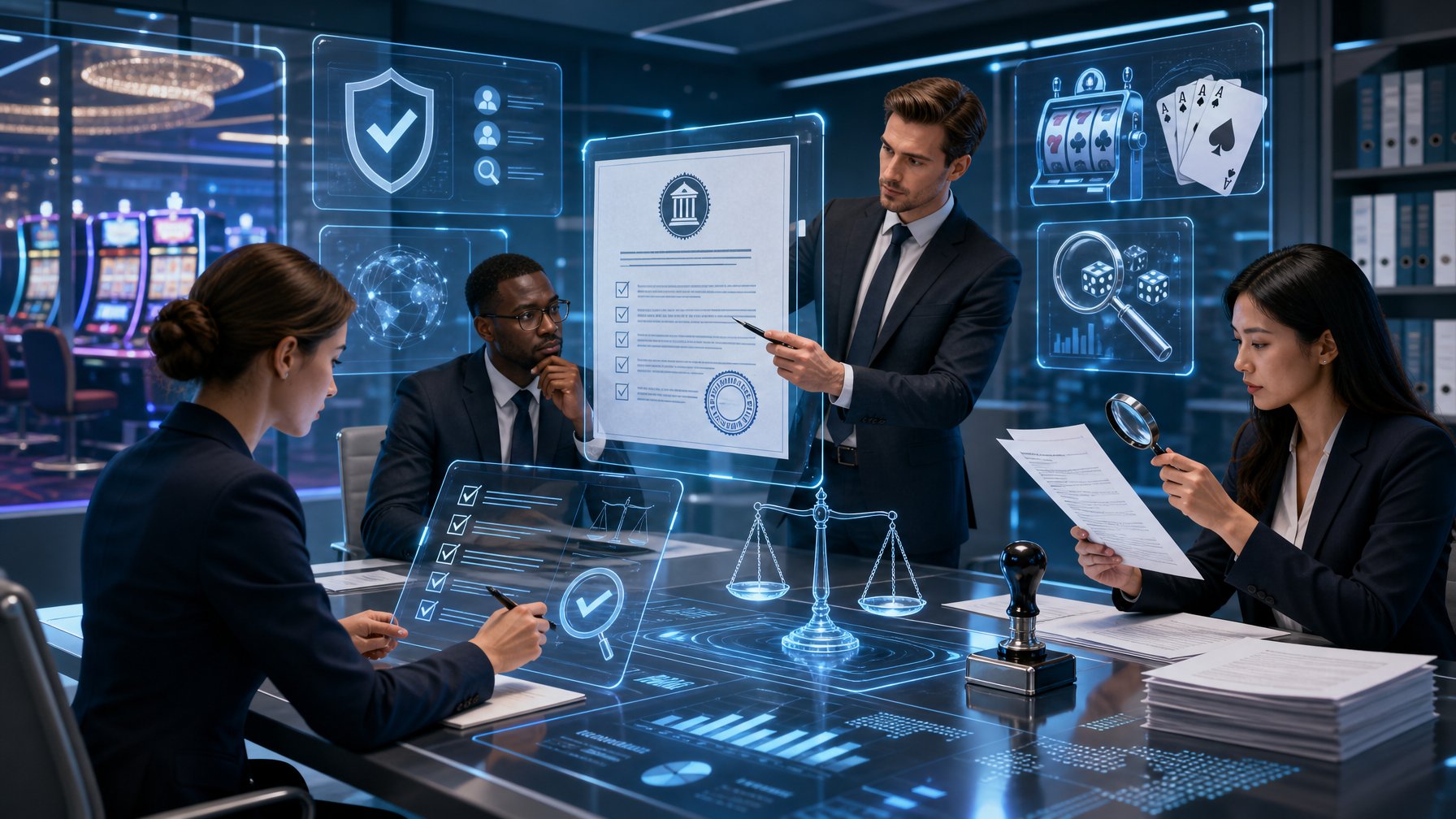 Professionals Reviewing Digital Documents And Data With Casino Elements In The Background, Symbolizing Licensing And Fairness Checks.