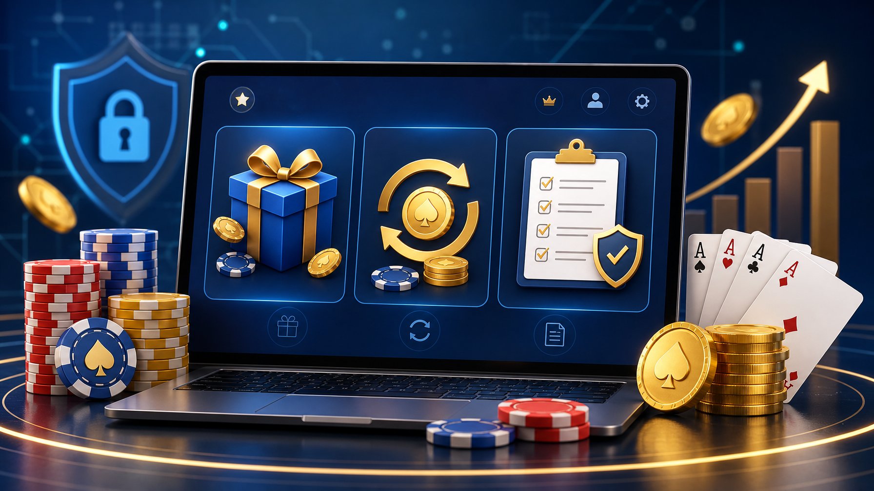A Digital Device Showing CasinoRelated Icons With Poker Chips, Playing Cards, And Coins Around It, Representing Bonuses, Cashback, And Terms.