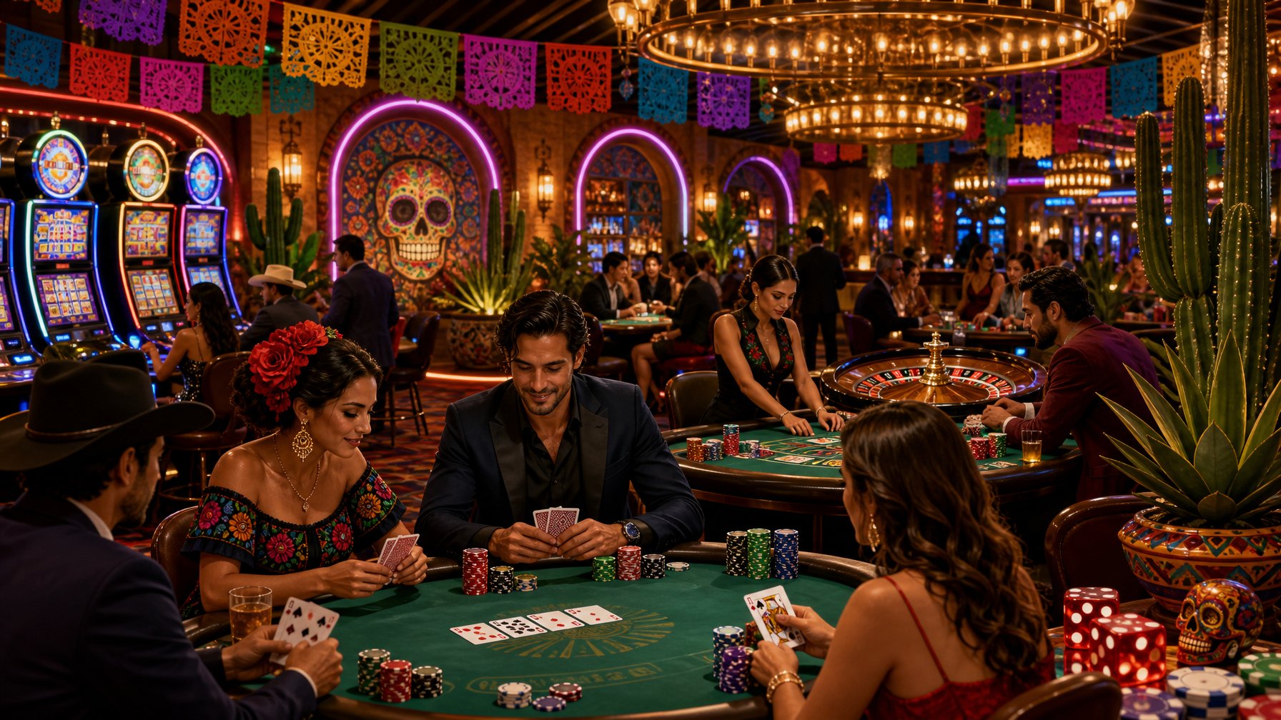 A Lively Casino Scene With Diverse Players Enjoying Poker, Roulette, And Slot Machines In A Colorful, Festive Environment Decorated With MexicanThemed Elements.