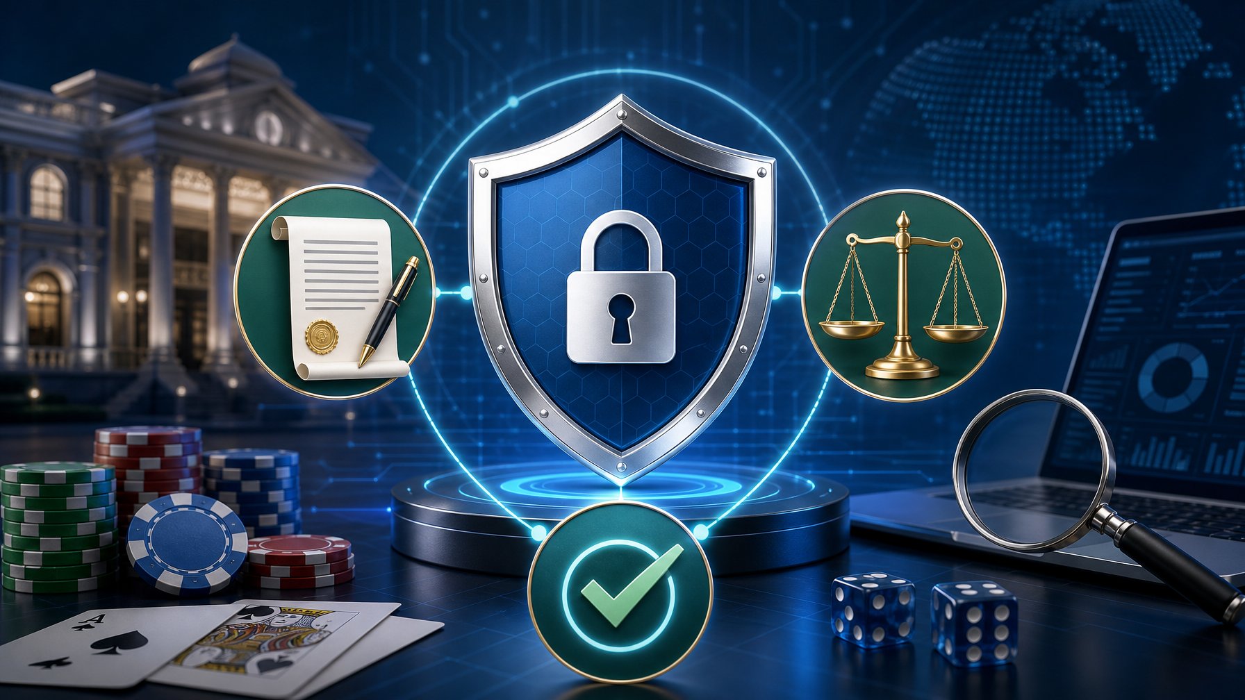 A Scene Showing A Shield With A Checkmark, Legal Documents, And Balanced Scales Surrounded By Digital Elements Symbolizing Safety, Licensing, And Fairness In An Online Casino Environment.