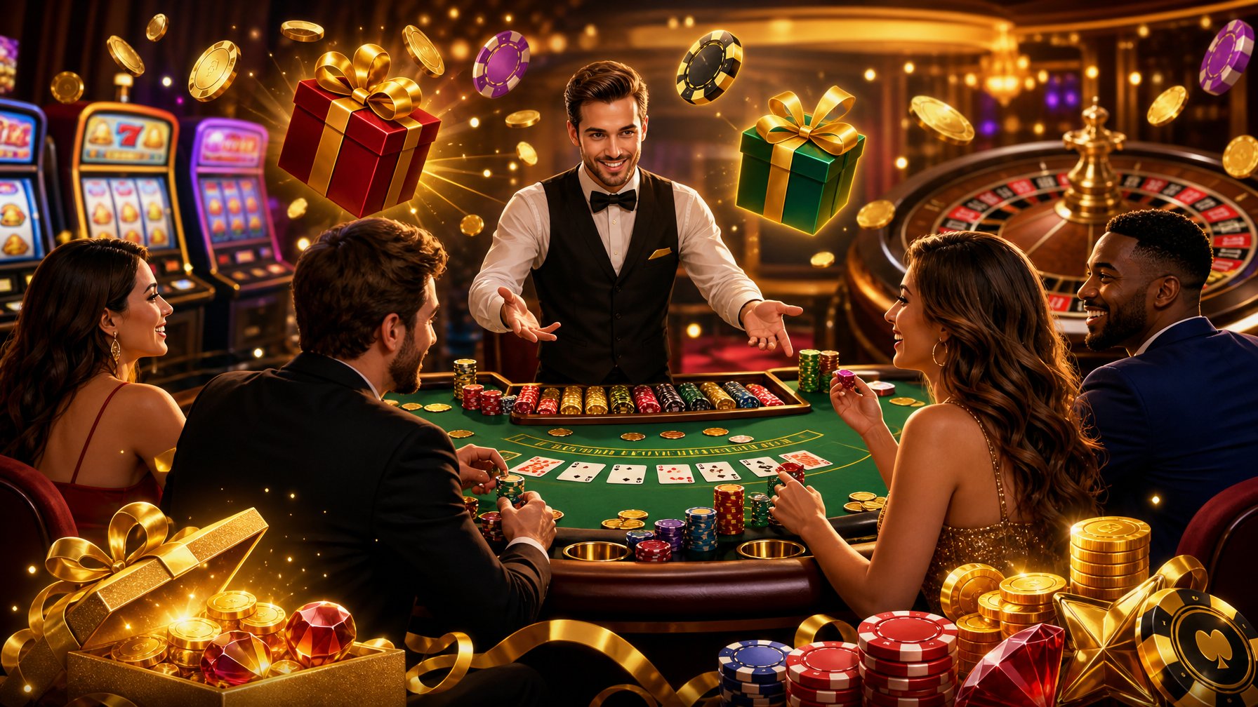 A Lively Casino Scene With A Dealer And Players Around A Poker Table Surrounded By Glowing Chips And Coins, With Slot Machines And Roulette Wheels In The Background.