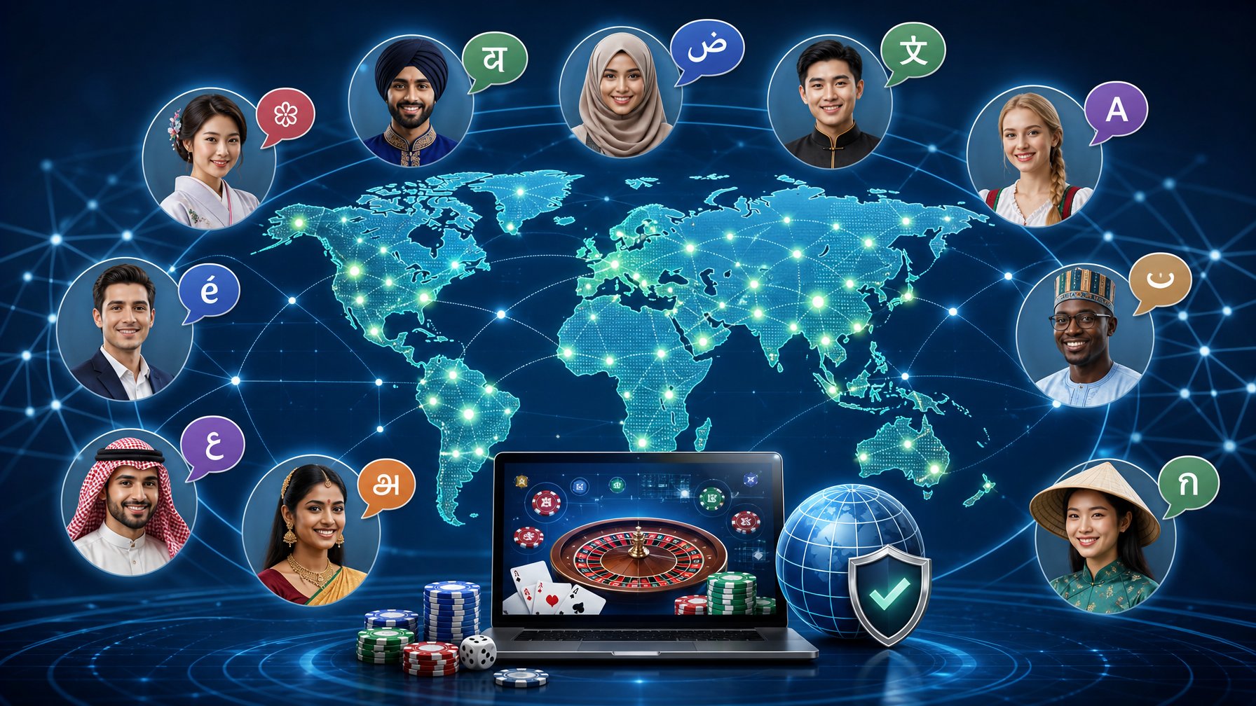 A World Map Showing Countries With Markers For Availability, Surrounded By Diverse People Icons Representing Different Languages And Cultures, With Digital Network Elements In The Background.