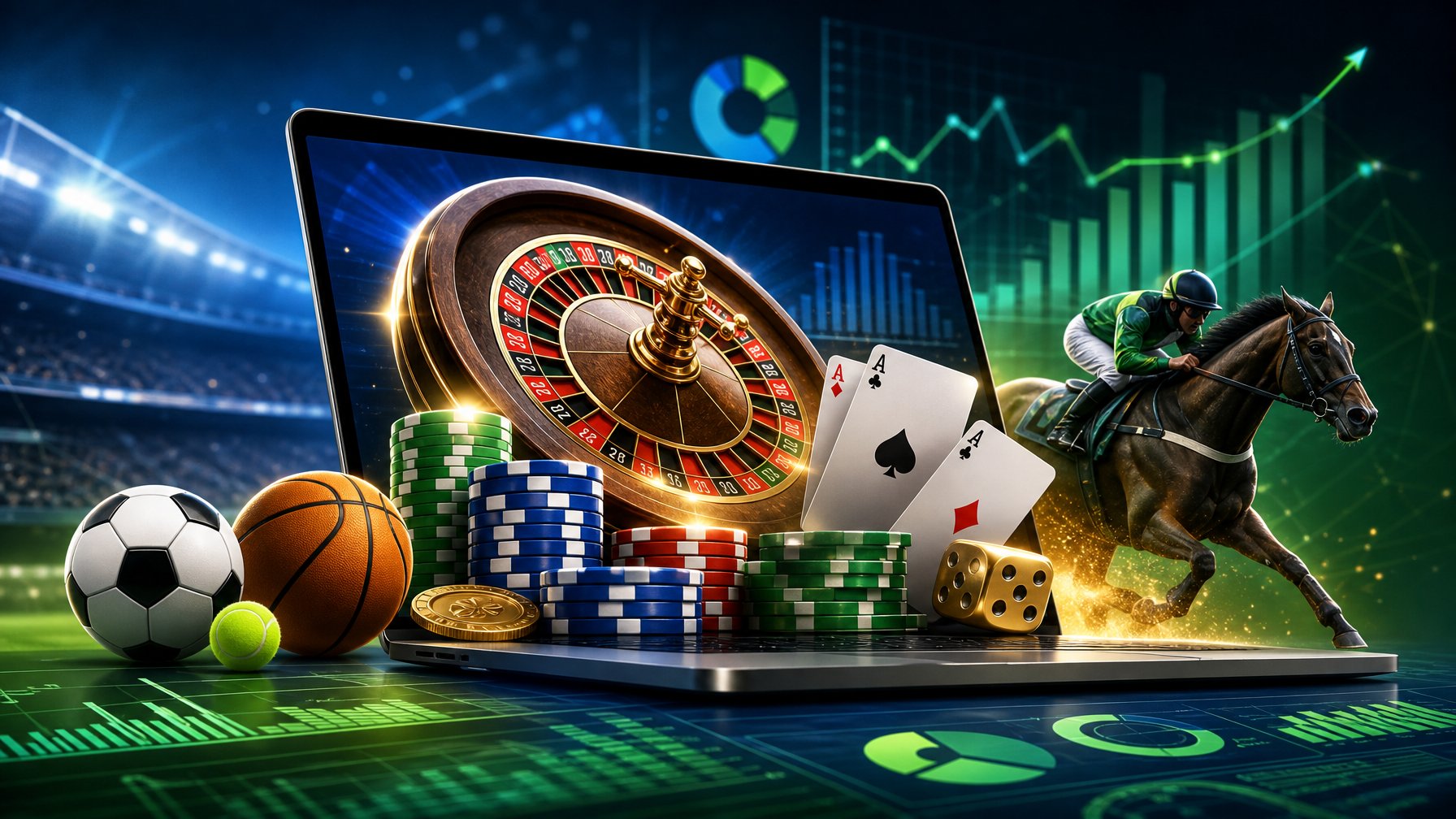 A Modern Laptop Screen Showing Casino Game Elements And Sports Symbols With Charts In The Background, Representing An Online Casino Review Focused On Sports Betting.