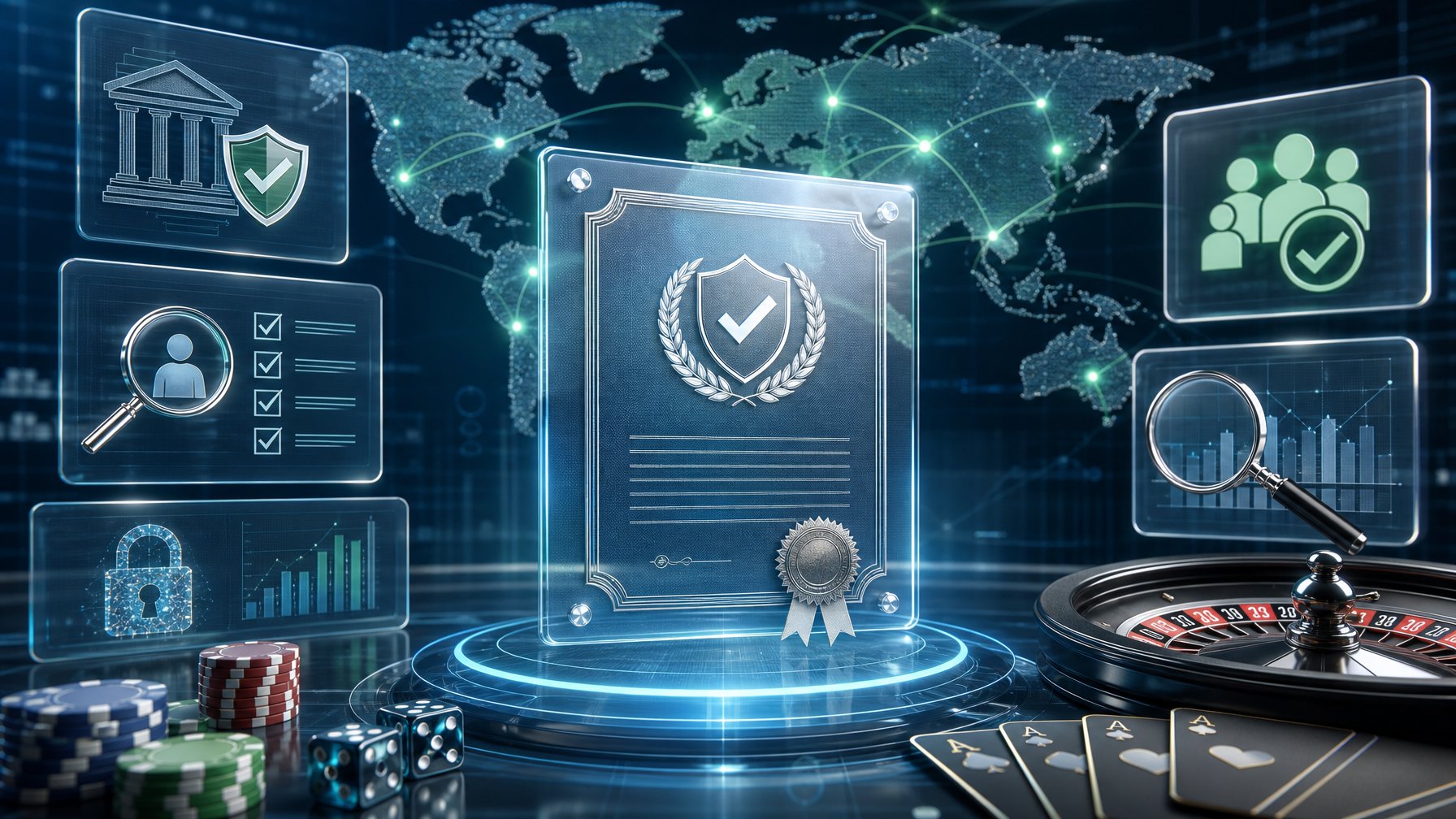 A Digital Interface Showing A Holographic License Certificate Surrounded By Symbols Of Transparency And A Global Map Highlighting Market Access Points.