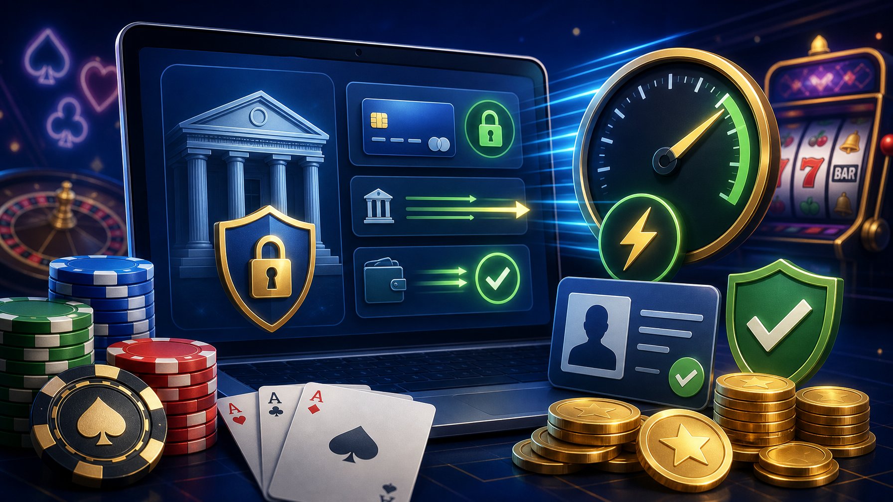 A Digital Interface Showing Secure Banking, Fast Payment Processing, And Verification Symbols Alongside CasinoRelated Icons Like Poker Chips And Playing Cards.