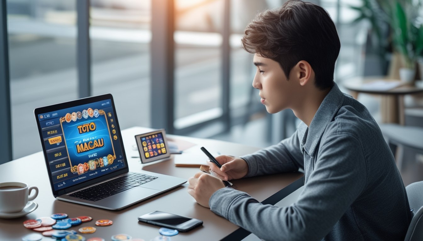 Seorang pemula sedang belajar bermain Toto Macau di meja dengan laptop, kartu permainan, dan catatan.