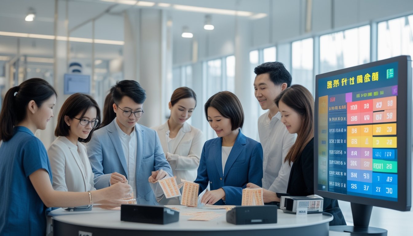 Sekelompok orang sedang menggunakan terminal digital Toto Macau dengan tiket lotre dan data angka di layar.