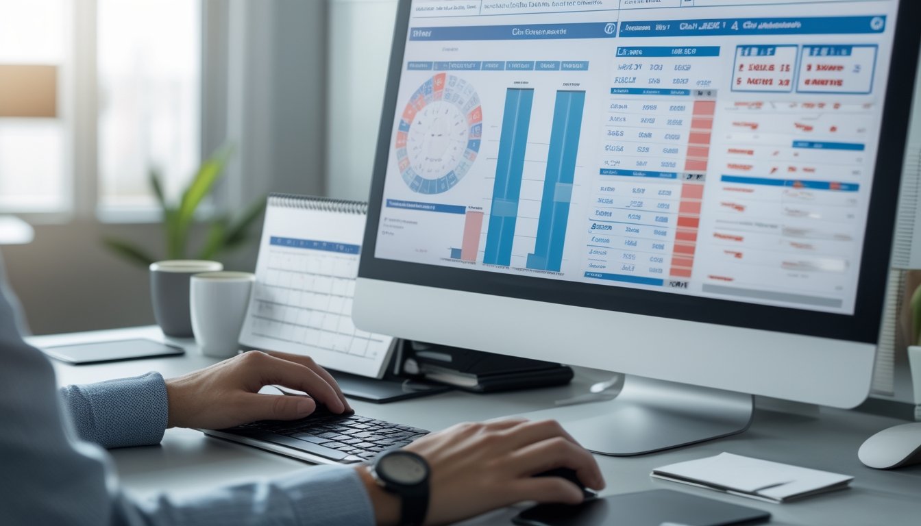 Seseorang sedang bekerja di meja kantor dengan komputer yang menampilkan grafik dan kalender, menunjukkan aktivitas analisis data dan penjadwalan hasil lotere.