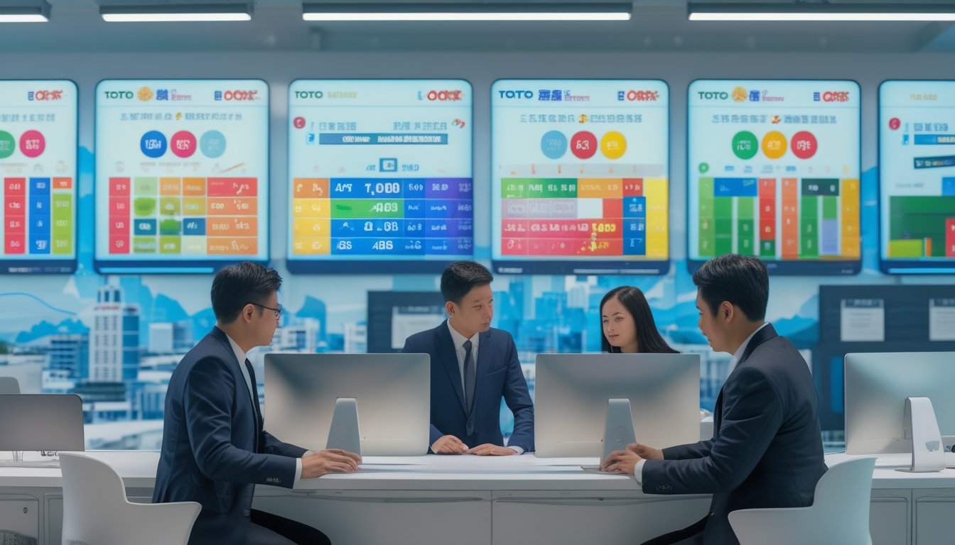 Sejumlah profesional sedang menganalisis data hasil dan jadwal Toto Macau di sebuah ruang kerja modern dengan layar komputer.