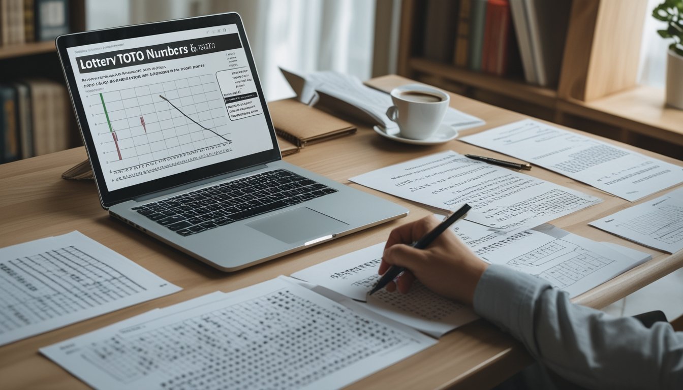 Meja kerja dengan kertas berisi angka dan grafik, laptop terbuka menampilkan data angka, dan alat tulis di atas meja.