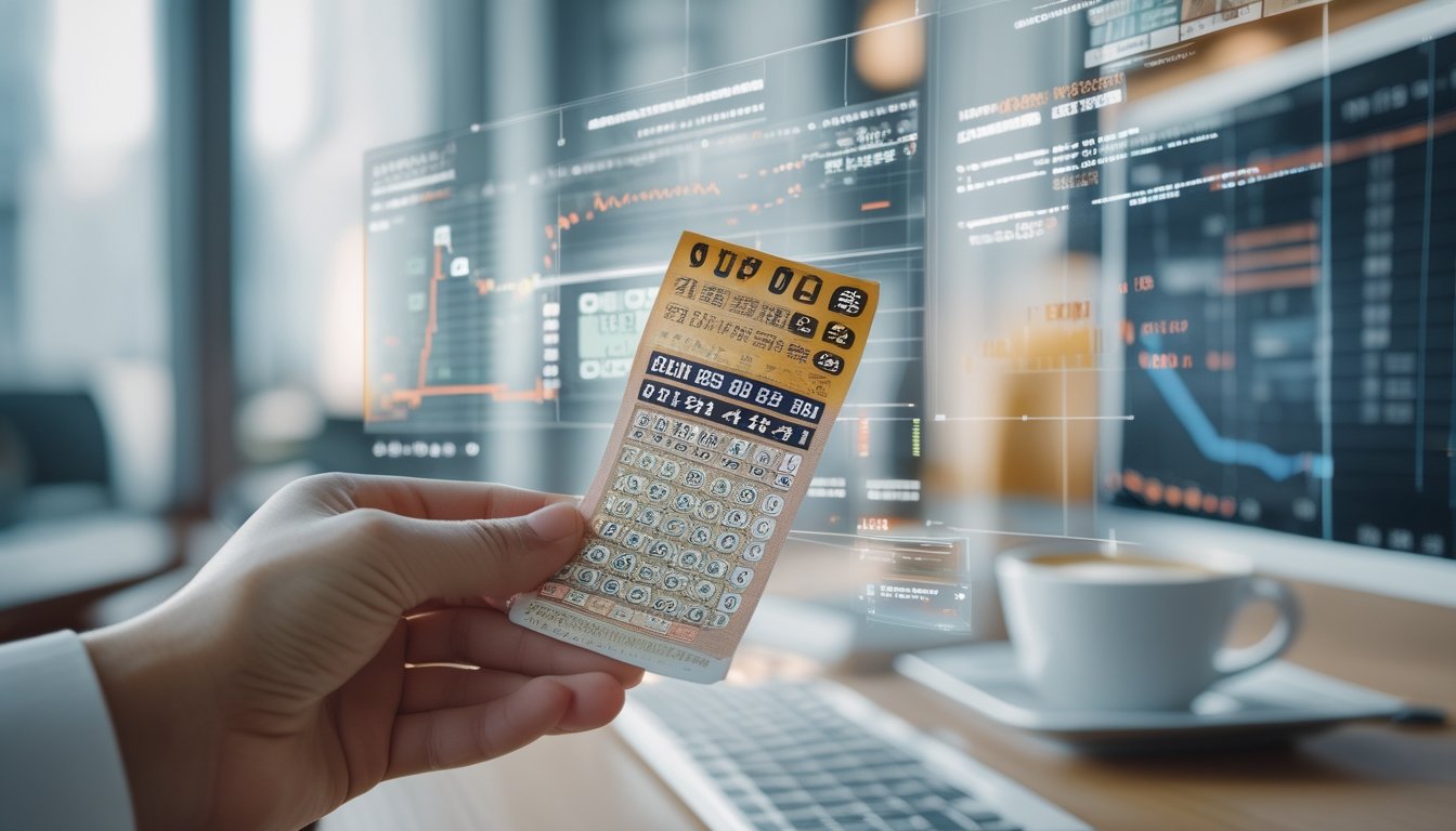 Seseorang memegang tiket lotere dengan angka, di meja terdapat laptop dengan grafik dan secangkir kopi.