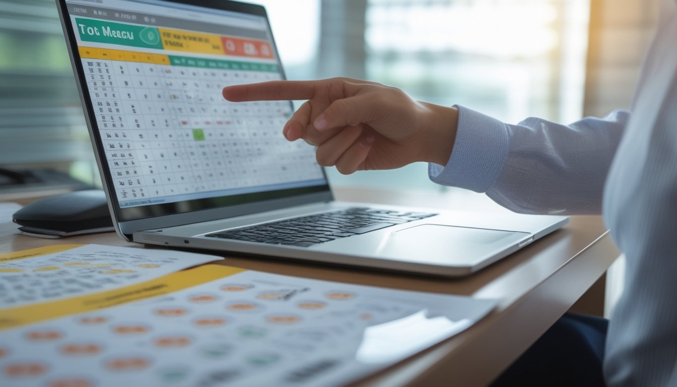 Meja kerja dengan laptop menampilkan hasil angka lotere Toto Macau dan tangan seseorang menunjuk layar.